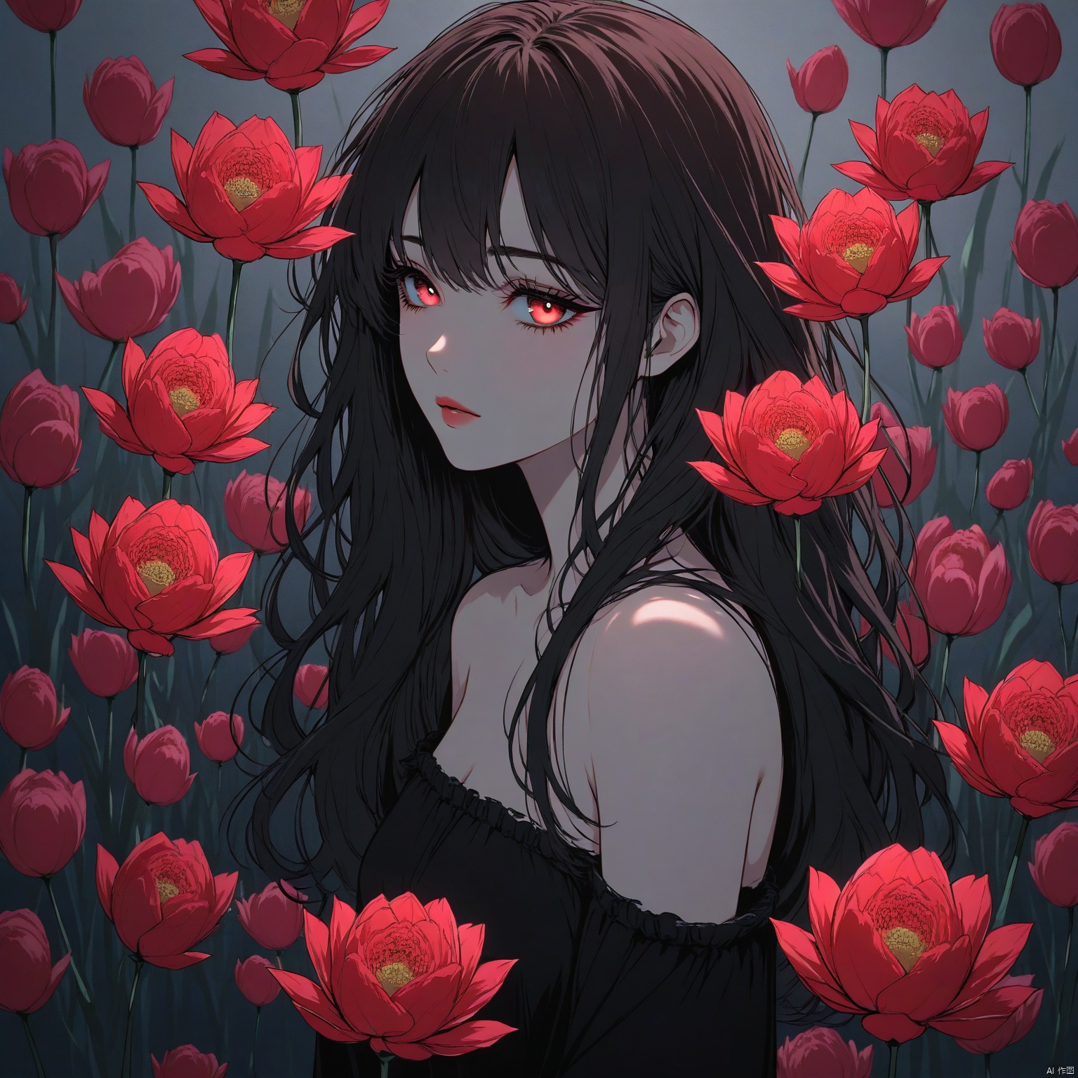 ZOZ_DM,Animation style,
An animated image of a woman with long black hair and red eyes. She is standing in front of a backdrop of red tulips. The woman is wearing a black off-the-shoulder dress with a ruffled neckline. Her arms are draped across her body. Her hair is wavy and cascades over her shoulders. Her eyes are a deep red

her lips are a lighter shade of red. Her eyebrows are a darker shade of brown. Her lips are painted a light pink. Her shadow is casted on her chest.