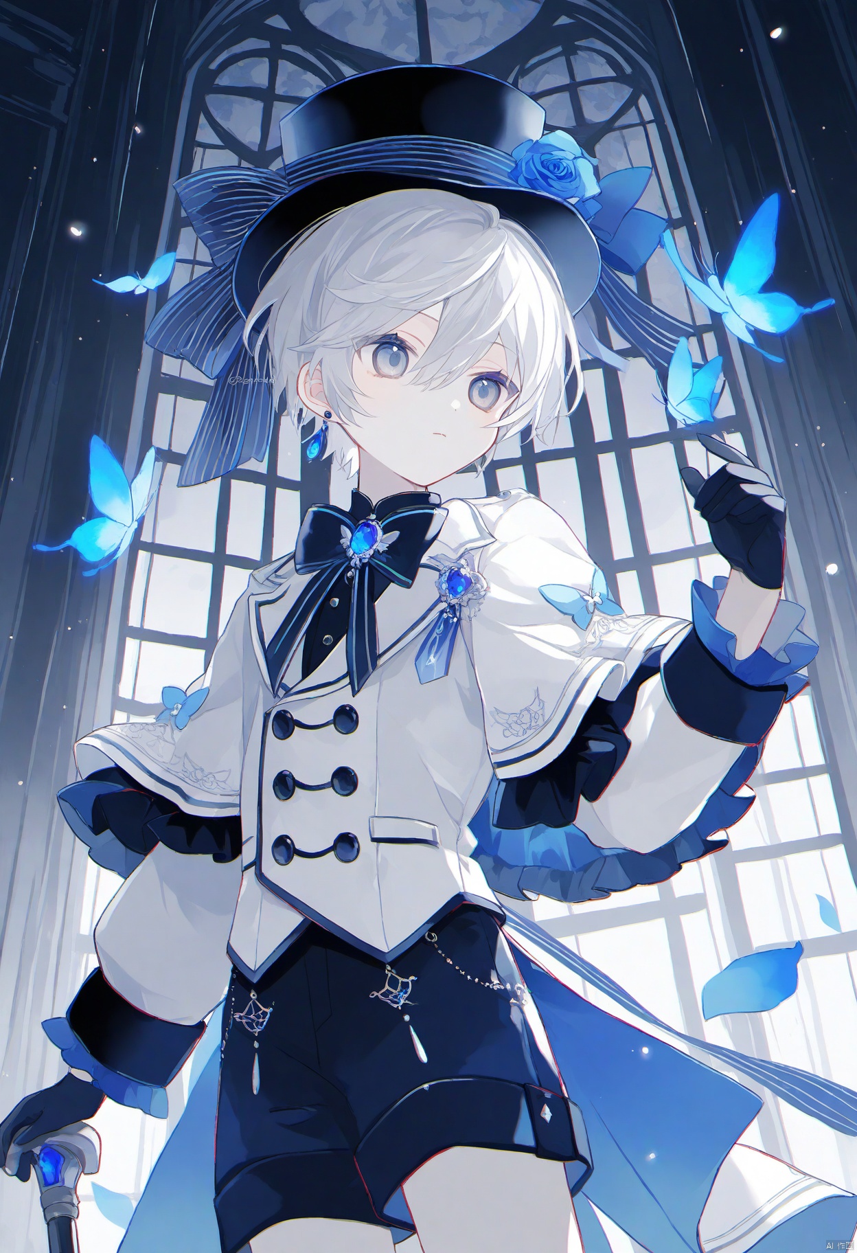 b210, butterfly, bug, blue butterfly, solo, kodona, male focus, 1boy, shorts, gloves, black gloves, short hair, black shorts, cane, looking at viewer, blue eyes, white hair, long sleeves, hat, jewelry, bow, window, lolita fashion, black headwear, shirt, holding cane, capelet, butterfly on hand, hair between eyes, black bow, black shirt, earrings, androgynous, cowboy shot, bishounen, white capelet, bowtie, closed mouth, blue flower, indoors, black vest, hat bow, flower, expressionless, white butterfly, blue rose, top hat, white shirt, rose, jacket, chromatic aberration, vest, black bowtie, ribbon, buttons, blue gemstone, hand up, twitter username, curtains, frills, brooch, hat ribbon, grey eyes, blue shorts, sleeve cuffs, standing, grey hair, holding, white jacket, gem, watermark, artist name, double-breasted, blue bow, pale skin, light particles, hat flower, coat, blue ribbon, black ribbon, frilled capelet, otoko no ko, glowing butterfly, formal, official alternate costume, puffy sleeves, puffy long sleeves, looking at animal, frilled sleeves