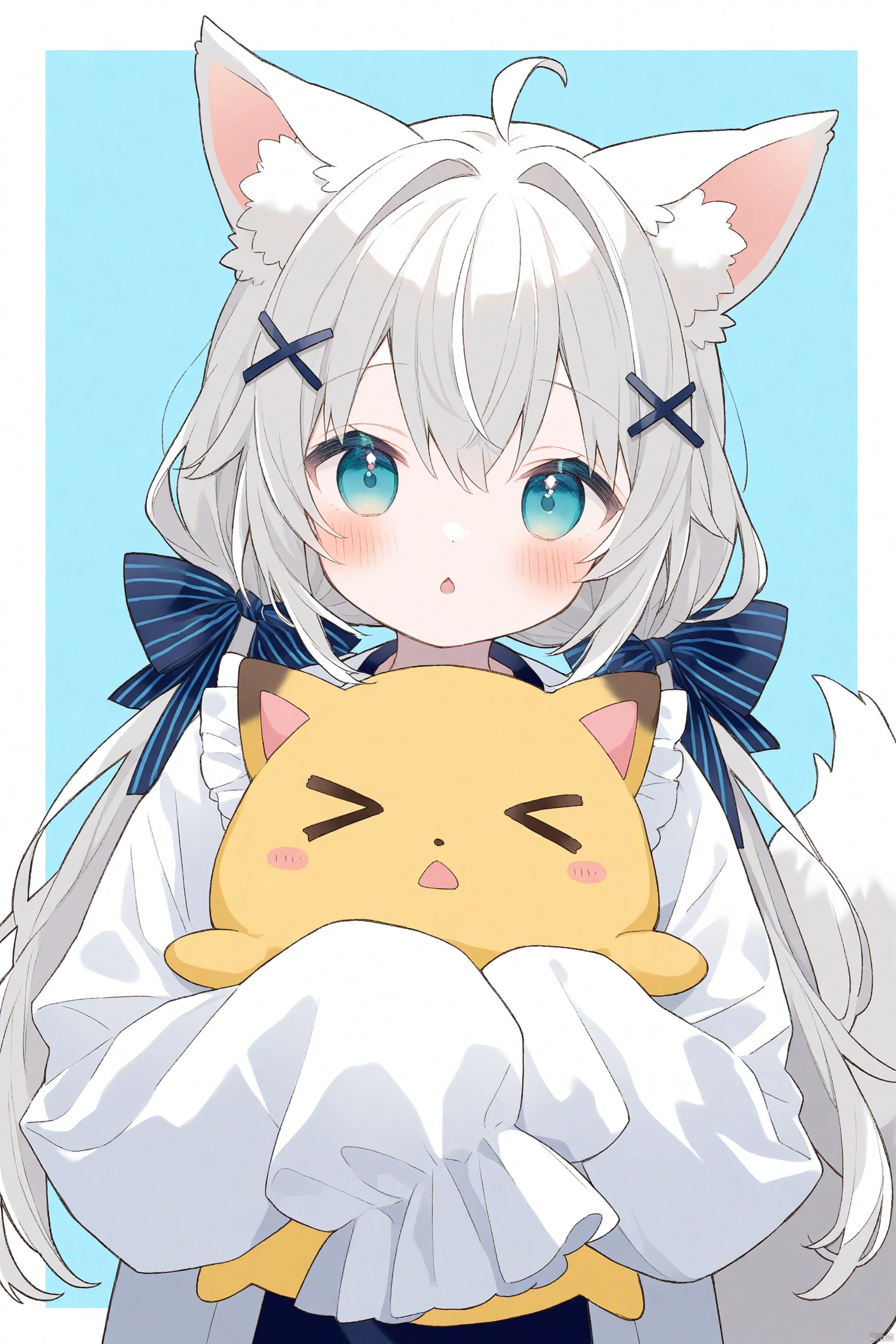 1girl, animal ears, hair ornament, white hair, blue eyes, long hair, sleeves past fingers, sleeves past wrists, tail, bow, ahoge, looking at viewer, x hair ornament, twintails, low twintails, animal ear fluff, solo, blush, long sleeves, hair bow, fox ears, blue bow, :o, fox girl, upper body, shirt, white shirt, hugging object, blue background, fox tail, parted lips, chestnut mouth, open mouth, hair between eyes, >_<, dress, black bow, simple background, two-tone background, white background, very long hair, open clothes, white border, sidelocks, border, frilled sleeves, grey hair, aqua eyes, hairclip, hair intakes, frills, dot nose, stuffed toy, virtual youtuber