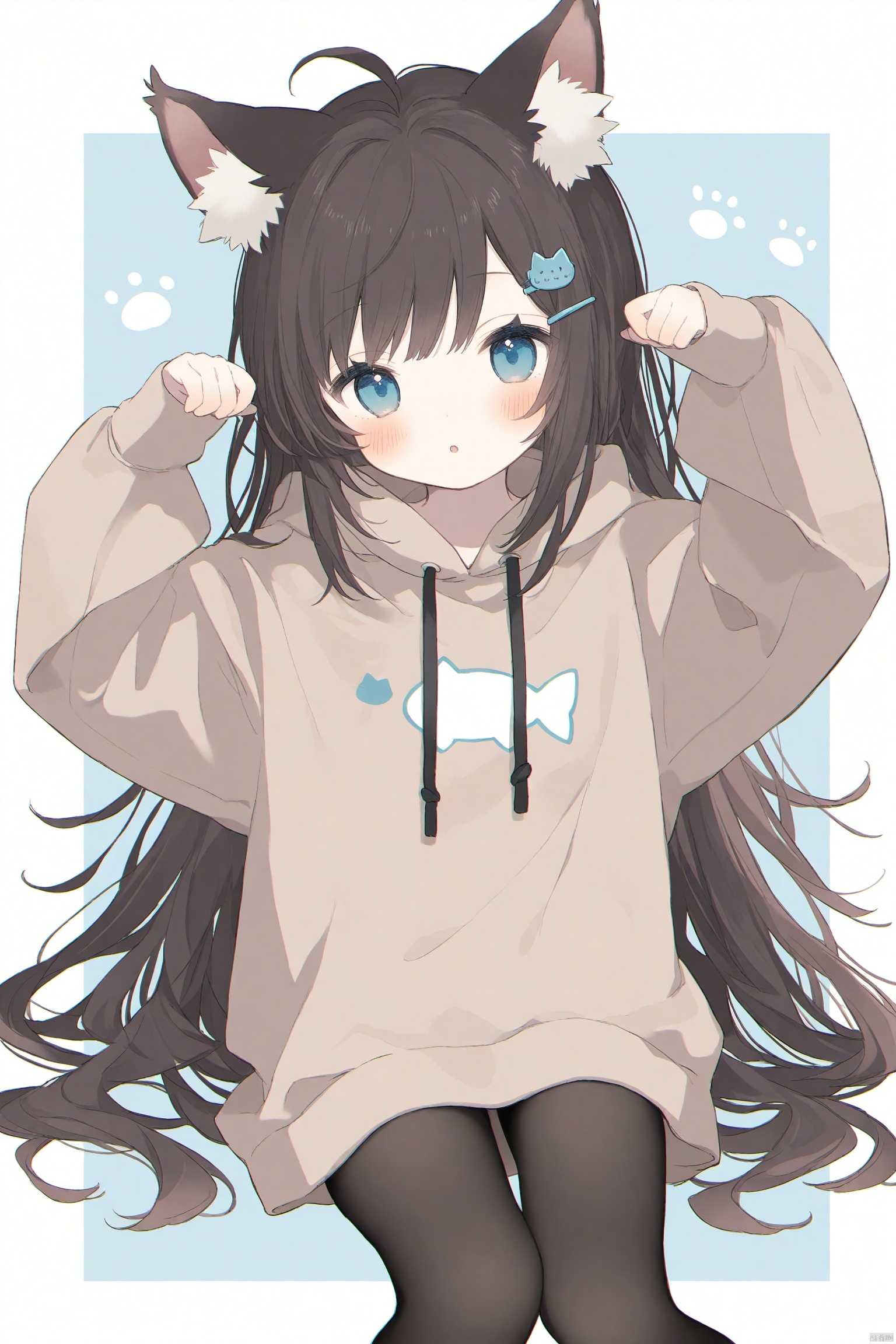 masterpiece,best quality,high quality,loli,chromatic_aberration,Light Blue Theme,1girl, solo, long hair, looking at viewer, blush, bangs, blue eyes, brown hair, hair ornament, long sleeves, white background, animal ears, very long hair, ahoge, pantyhose, parted lips, hairclip, puffy sleeves, cat ears, hood, :o, animal ear fluff, sleeves past wrists, black pantyhose, hands up, hoodie, feet out of frame, hood down, cat girl, clothes writing, two-tone background, puffy long sleeves, drawstring, cat hair ornament, fish hair ornament, brown hoodie