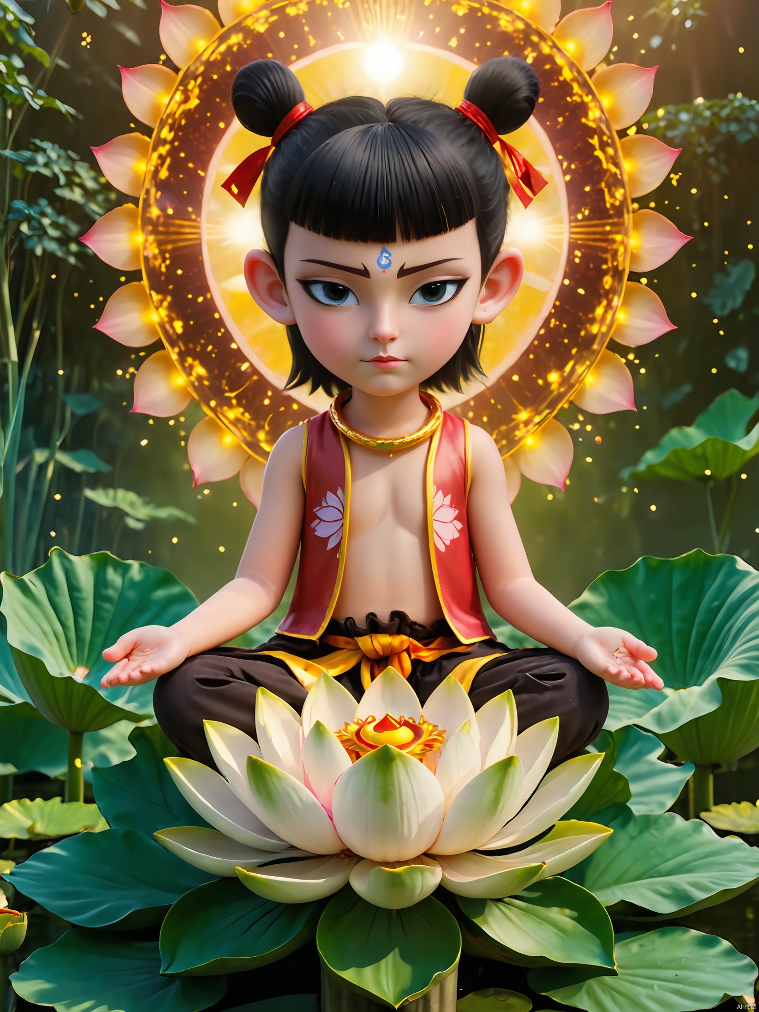 LZNZ,1BOY, full body, the boy sitting cross-legged on a massive lotus flower, his eyes shut in deep contemplation. A halo of golden light radiates from his body, illuminating the surrounding air where various magical artifacts float. His face exudes a sense of focused determination as he practices his spiritual exercises, his very being infused with an aura of inner peace and enlightenment.