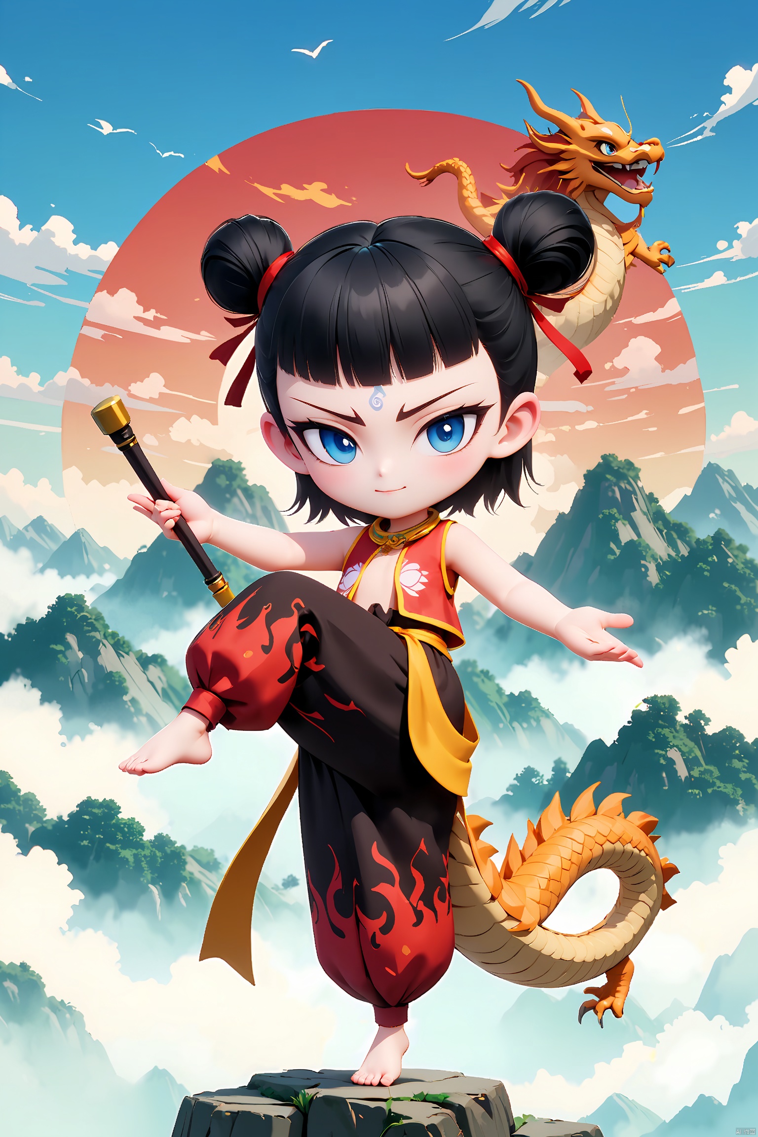 LZNZ,1BOY, full body,A round face with expressive large eyes, topped with short black hair styled in two small buns. dressed in a traditional Chinese hairstyle and costume, is holding a weapon and doing martial arts moves, mostly in 3D style, The background is the Chinese dragon, accounting for most of the picture, the dragon hidden in the picture of auspicious clouds, atmosphere, majestic, ink style, as well as mountains, clouds, watercolor, ink painting,