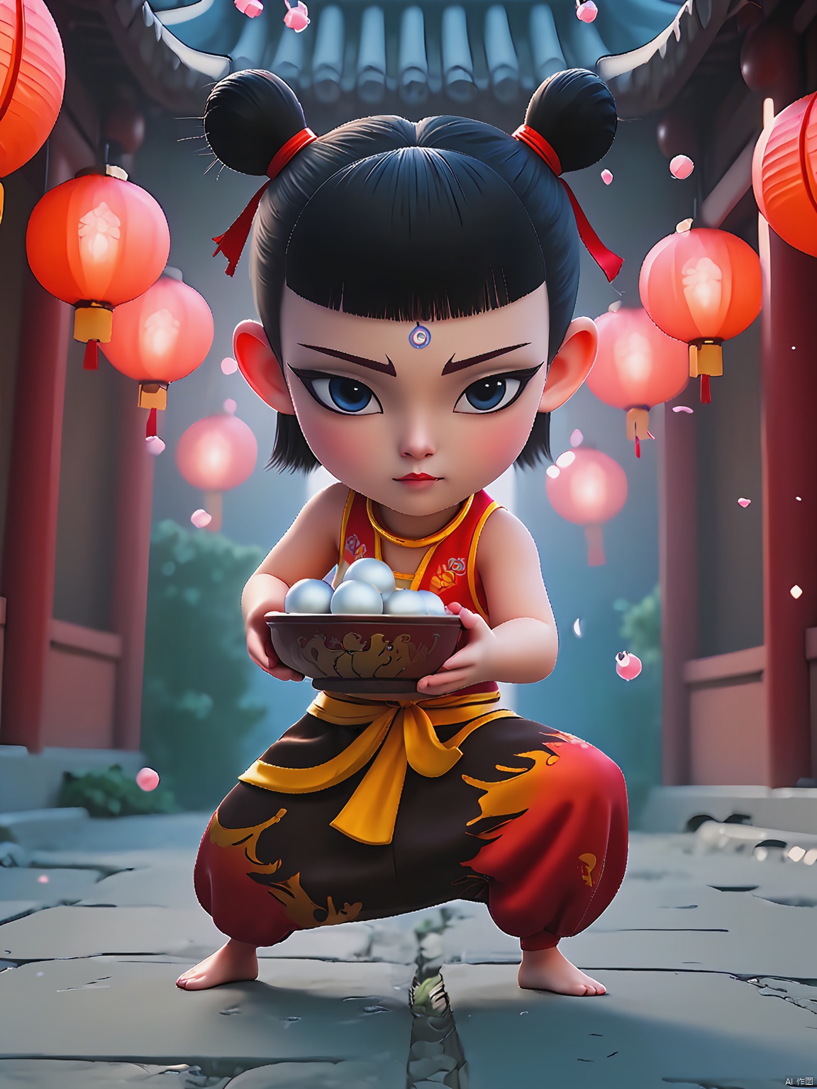 LZNZ,1BOY, full body,A round face with expressive large eyes, topped with short black hair styled in two small buns. A blue dot adorns the forehead, simple and clean scenes,nezha,the boy holding A bowl of White balls. traditional Chinese courtyard with glowing lanterns and fireworks, spirit pearl energy radiating from forehead, flowing cosmic ribbons, hyper-realistic 8K rendering in neo-Chinese cyberpunk style, cinematic mist effects, intricate cultural details by Artgerm and WLOP