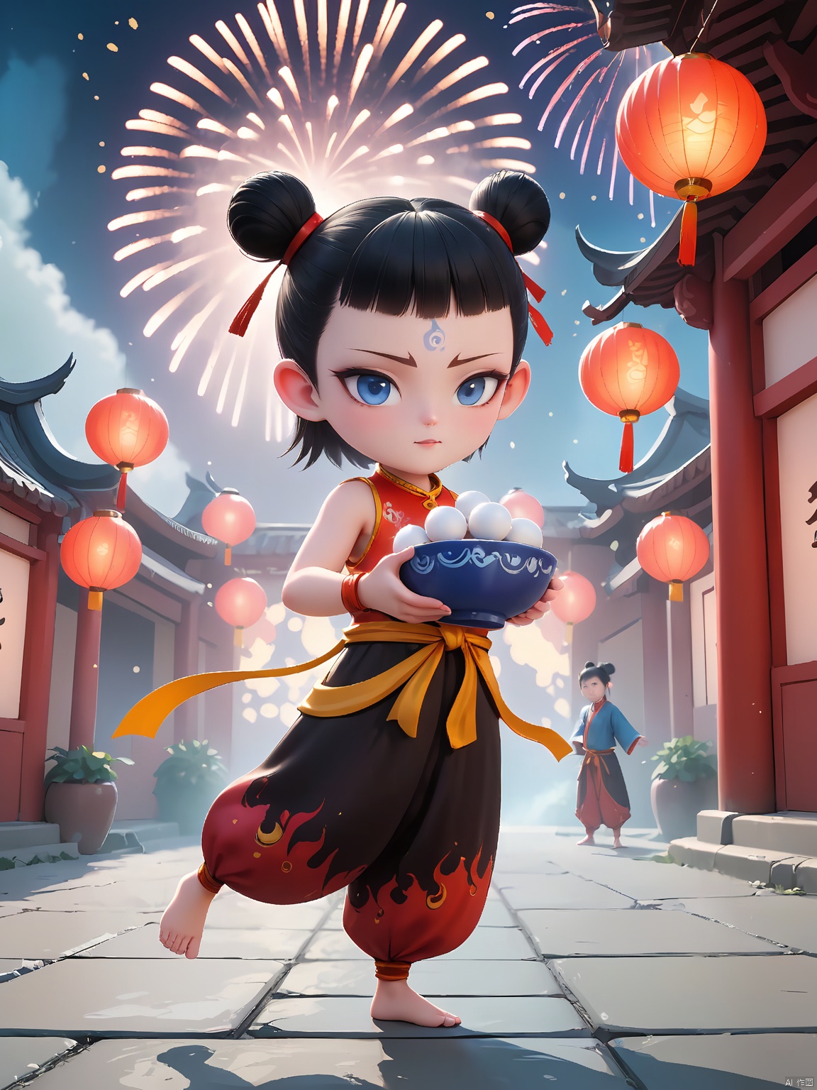  LZNZ,1BOY, full body,A round face with expressive large eyes, topped with short black hair styled in two small buns. A blue dot adorns the forehead, simple and clean scenes,nezha,the boy holding A bowl of White balls. traditional Chinese courtyard with glowing lanterns and fireworks, spirit pearl energy radiating from forehead, flowing cosmic ribbons, hyper-realistic 8K rendering in neo-Chinese cyberpunk style, cinematic mist effects, intricate cultural details by Artgerm and WLOP