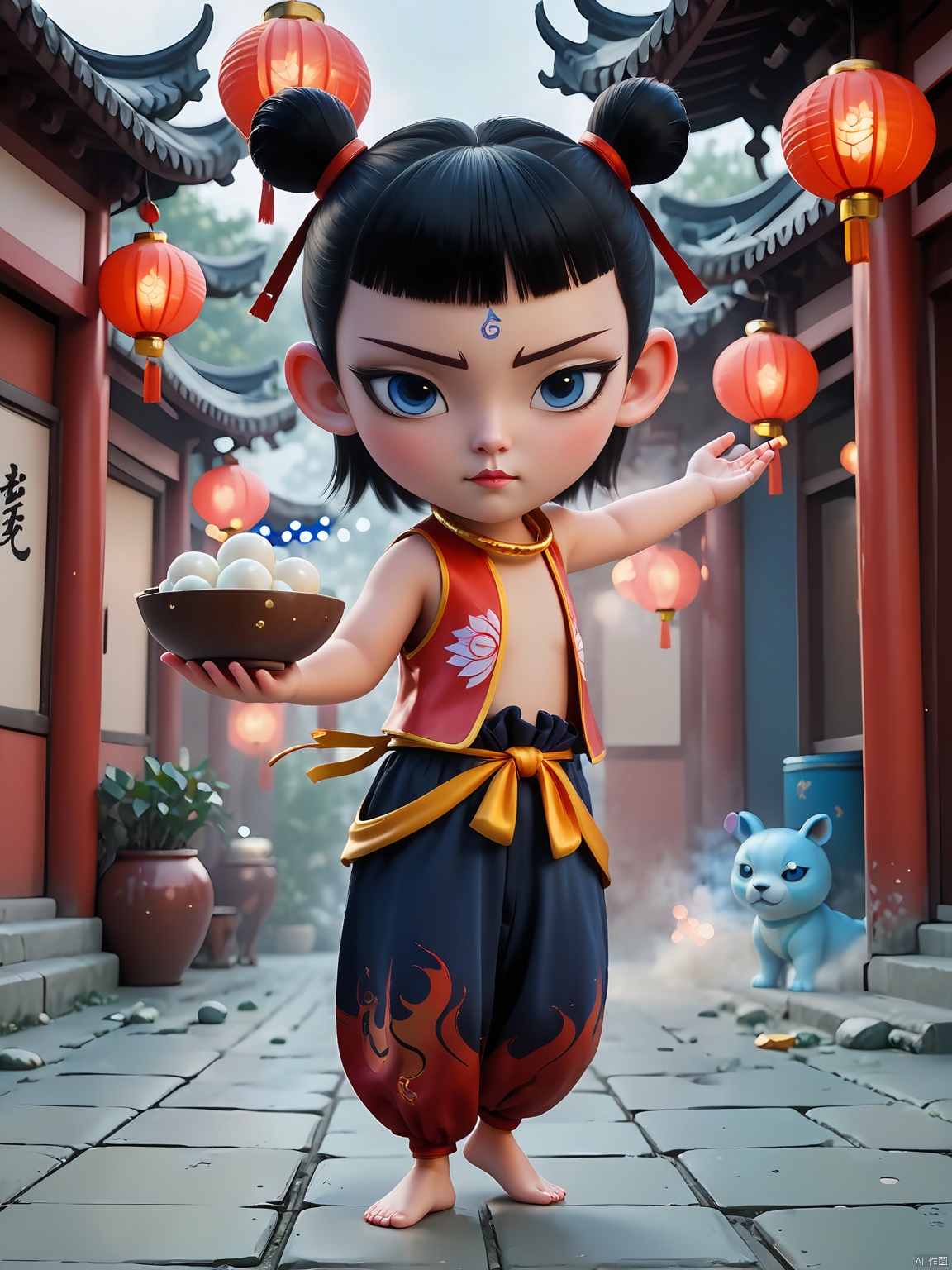  LZNZ,1BOY, full body,A round face with expressive large eyes, topped with short black hair styled in two small buns. A blue dot adorns the forehead, simple and clean scenes,nezha,the boy holding A bowl of glue pudding. traditional Chinese courtyard with glowing lanterns and fireworks, spirit pearl energy radiating from forehead, flowing cosmic ribbons, hyper-realistic 8K rendering in neo-Chinese cyberpunk style, cinematic mist effects, intricate cultural details by Artgerm and WLOP