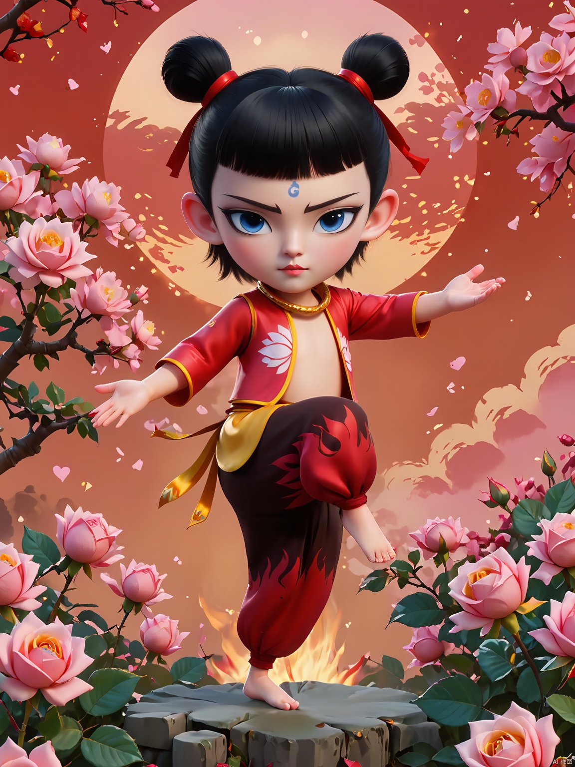 LZNZ,1BOY, full body,A round face with expressive large eyes, topped with short black hair styled in two small buns. A blue dot adorns the forehead, A warm and romantic Valentine's Day poster shows Nezha standing in a blossoming rose bush,holding a bright rose in his hand with a cute expression,beep mouth and smart eyes. The background is a soft pink-purple gradient,surrounded by rose petals. Nezha wears a classic red bellyband with a fluttering sky brocade and a heart-patterned costume. His feet are on fire,the background is a towering flame. His feet are on fire,the background is a towering flame. The overall style is a modern cartoon,and the colors are mainly red,pink and white,full of romance and holiday atmosphere,