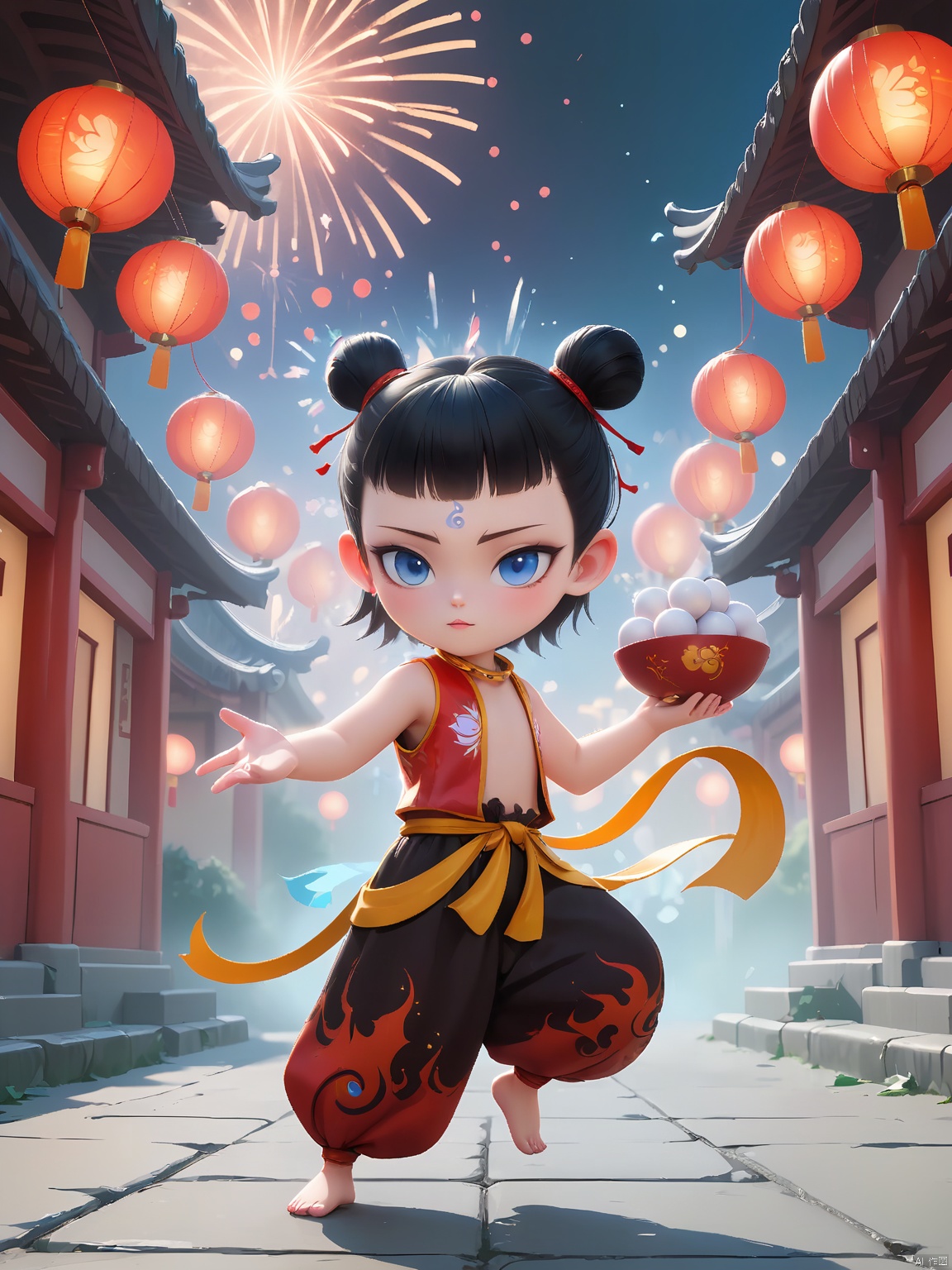  LZNZ,1BOY, full body,A round face with expressive large eyes, topped with short black hair styled in two small buns. A blue dot adorns the forehead, simple and clean scenes,nezha,the boy holding A bowl of White balls. traditional Chinese courtyard with glowing lanterns and fireworks, spirit pearl energy radiating from forehead, flowing cosmic ribbons, hyper-realistic 8K rendering in neo-Chinese cyberpunk style, cinematic mist effects, intricate cultural details by Artgerm and WLOP