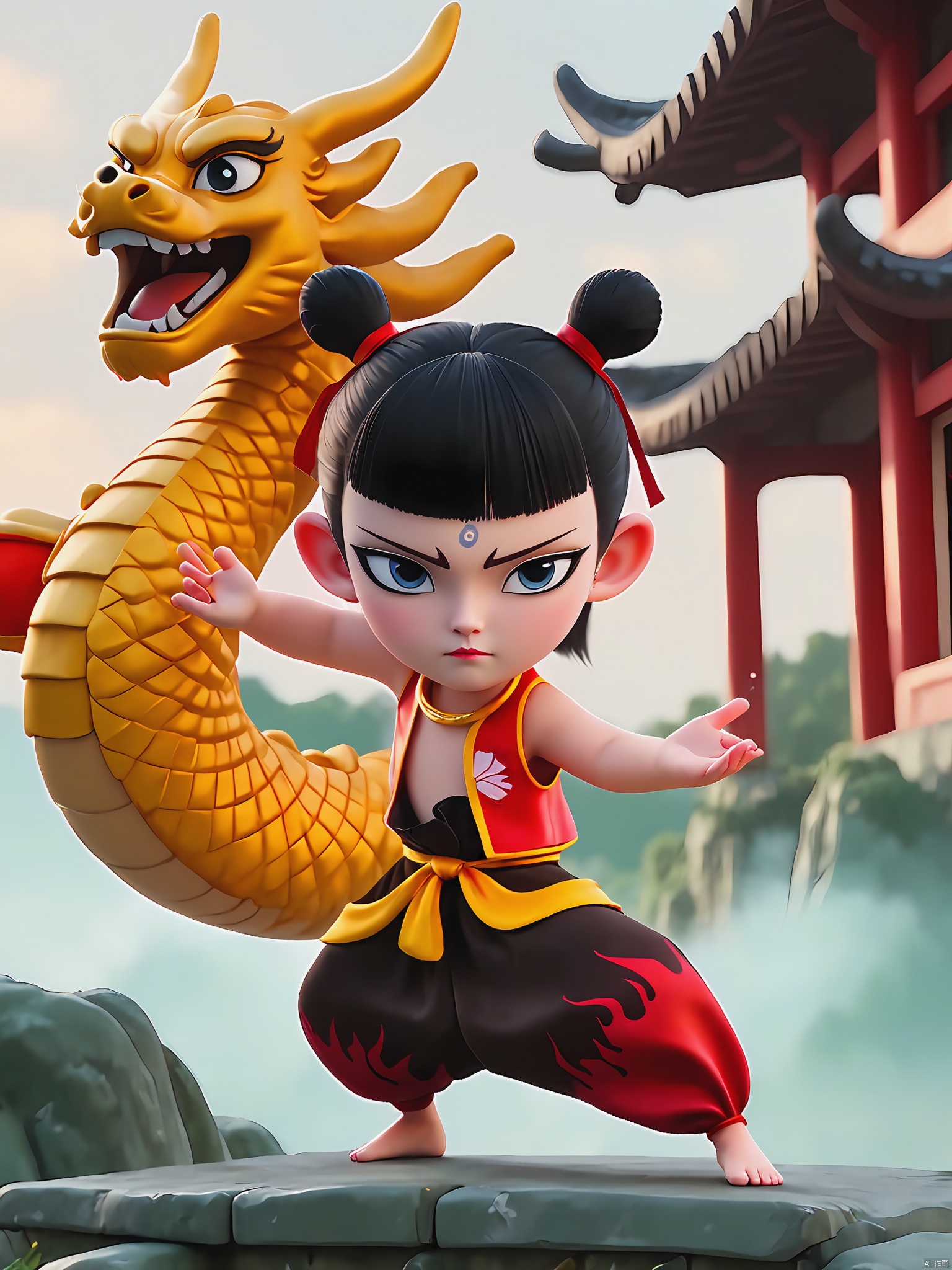 ZNZ,1BOY, full body,A round face with expressive large eyes, topped with short black hair styled in two small buns. dressed in a traditional Chinese hairstyle and costume, is holding a weapon and doing martial arts moves, mostly in 3D style, The background is the Chinese dragon, accounting for most of the picture, the dragon hidden in the picture of auspicious clouds, atmosphere, majestic, ink style, as well as mountains, clouds, watercolor, ink painting,