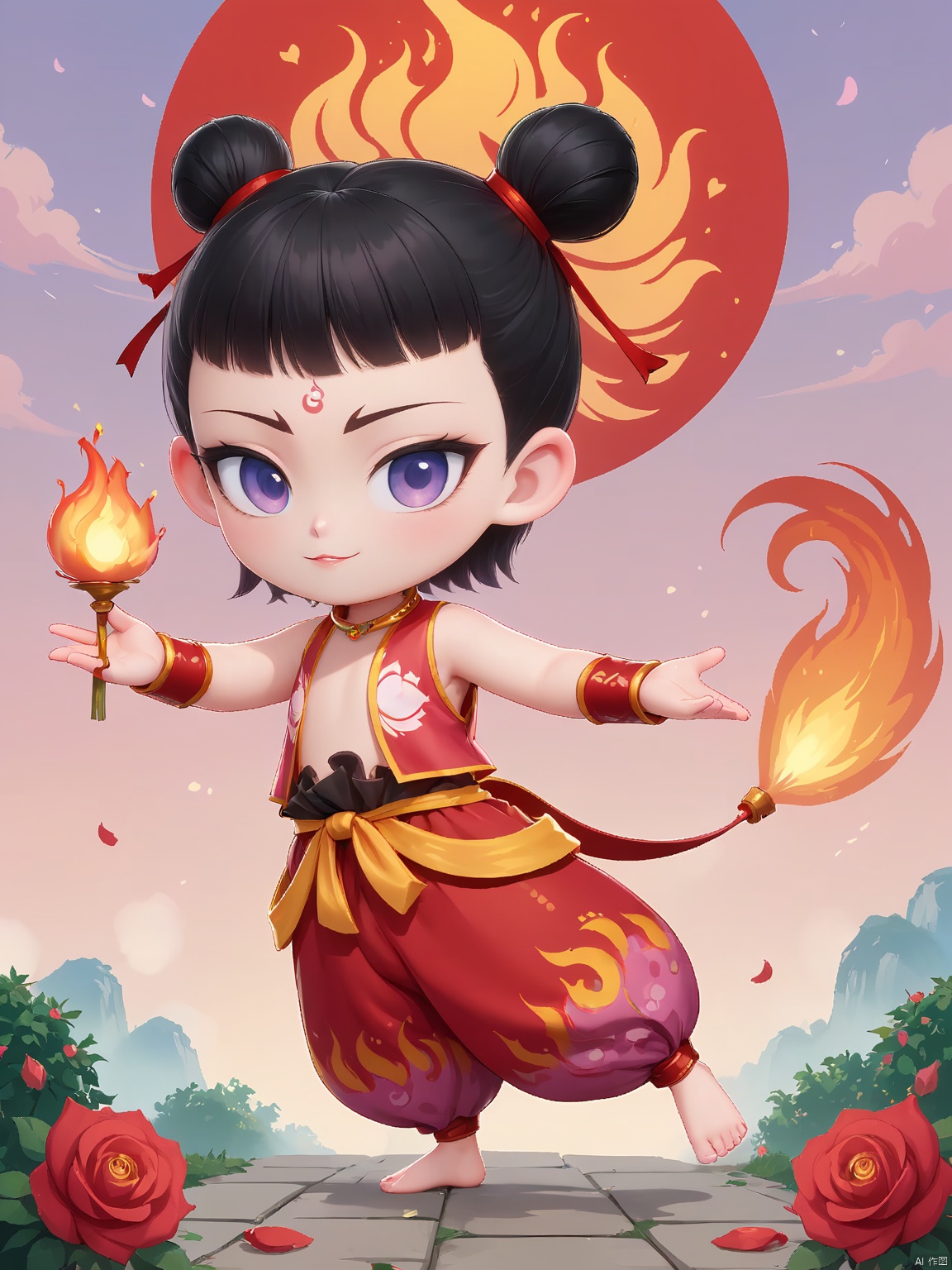 LZNZ,1BOY, full body,A round face with expressive large eyes, topped with short black hair styled in two small buns. A blue dot adorns the forehead, A warm and romantic Valentine's Day poster shows Nezha standing in a blossoming rose bush,holding a bright rose in his hand with a cute expression,beep mouth and smart eyes. The background is a soft pink-purple gradient,surrounded by rose petals. Nezha wears a classic red bellyband with a fluttering sky brocade and a heart-patterned costume. His feet are on fire,the background is a towering flame. His feet are on fire,the background is a towering flame. The overall style is a modern cartoon,and the colors are mainly red,pink and white,full of romance and holiday atmosphere,