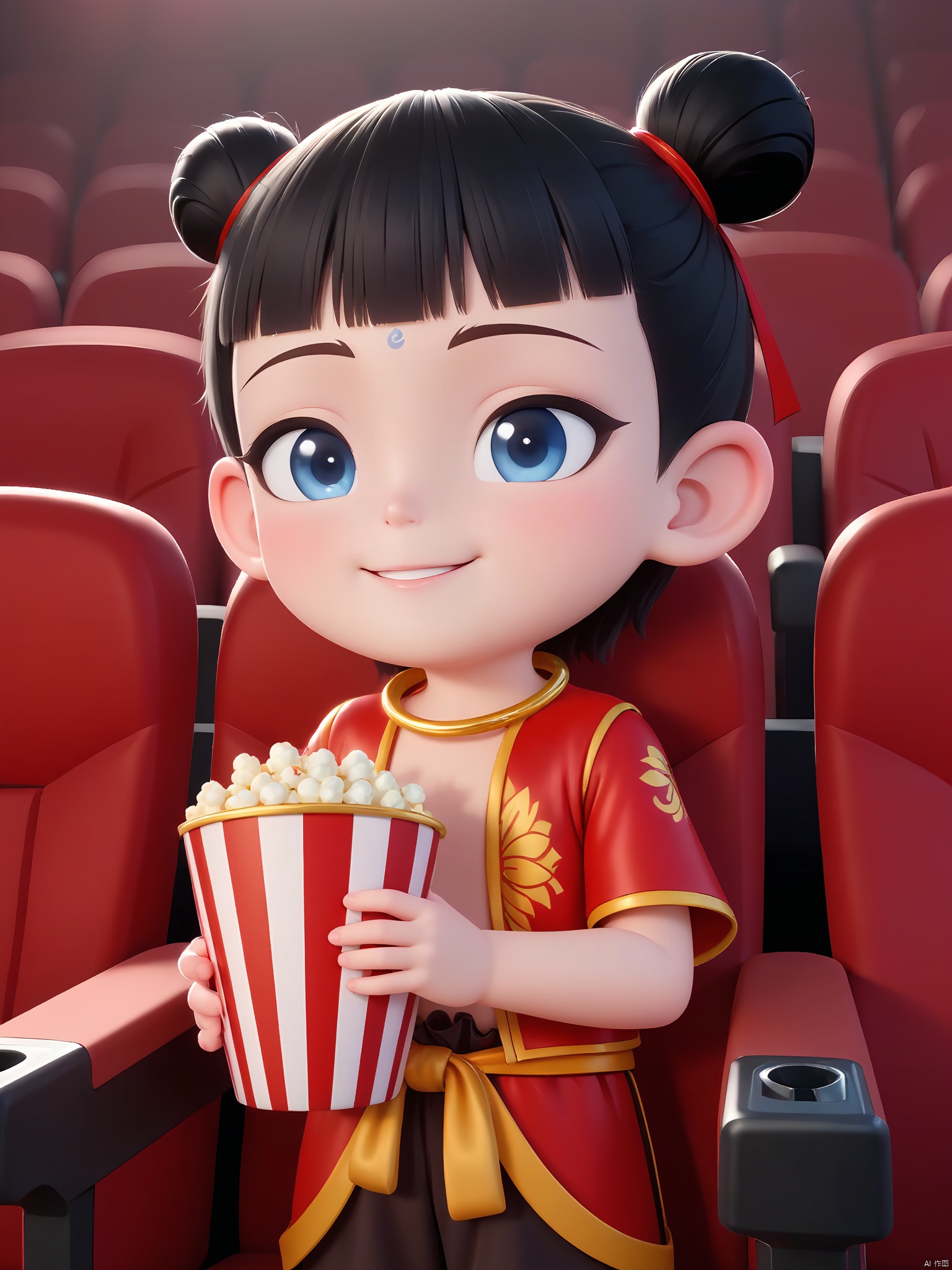 LZNZ,1BOY, smiling,A CGI image of a cute,a boy with dark hair in buns,wearing a red and gold outfit with a sash,holding a popcorn bucket,watching the movie in a movie theater,3D rendering