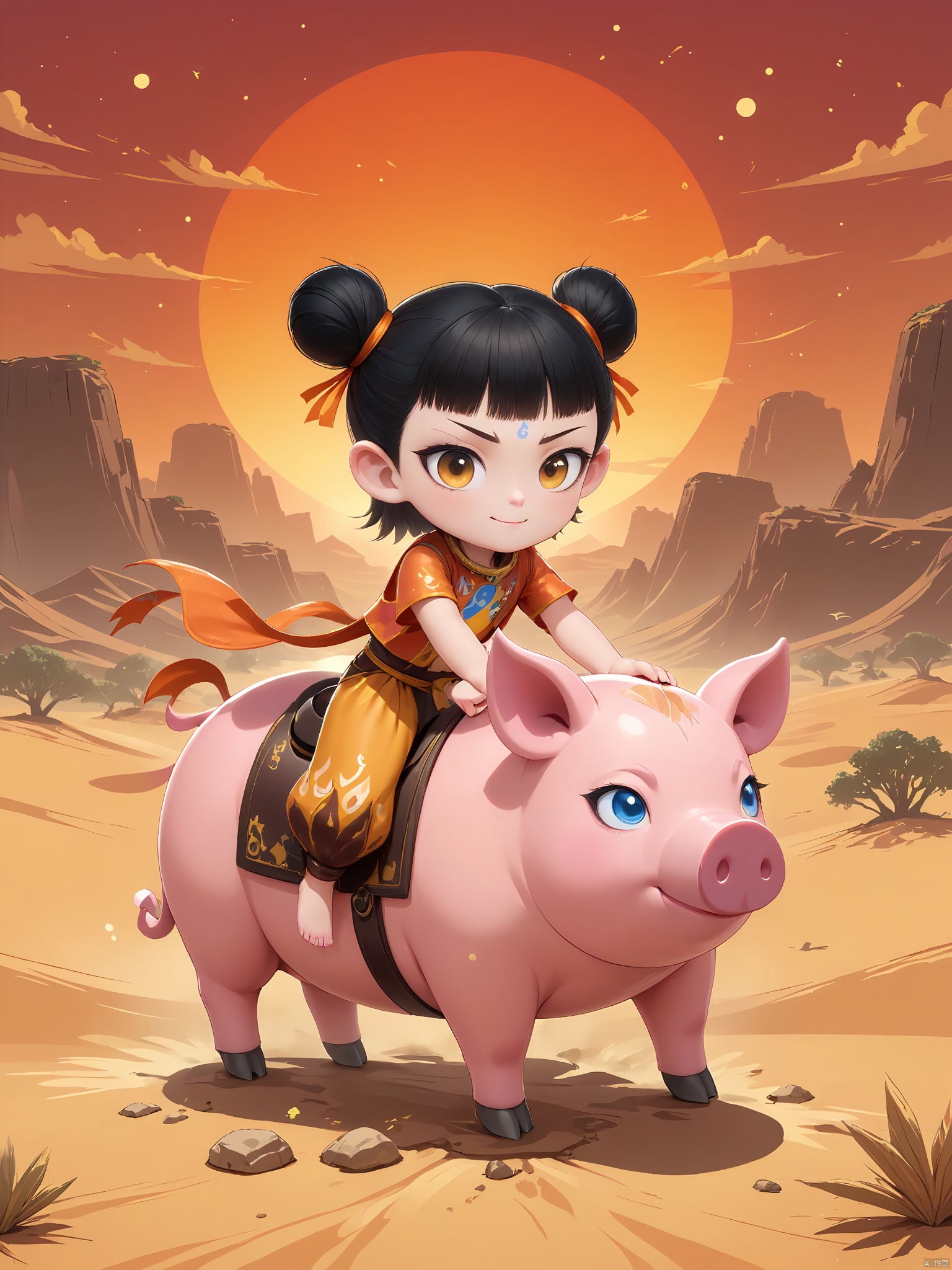 LZNZ,1BOY, full body,A round face with expressive large eyes, topped with short black hair styled in two small buns. A blue dot adorns the forehead.A boy stands proudly on a floating island with stars beneath her feet. Riding a pink pig, Digital illustration of a fierce, young warrior with a curious and adventurous smile. His short black hair is styled into two high buns tied with orange ribbons. he wears an orange and brown outfit that mimics the texture of leather, paired with yellow and brown desert-patterned pants. The background is a vast, golden desert under a blood-red sunset, evoking a sense of exploration and mystery. The art style is rugged and vivid, with a desert fantasy theme.