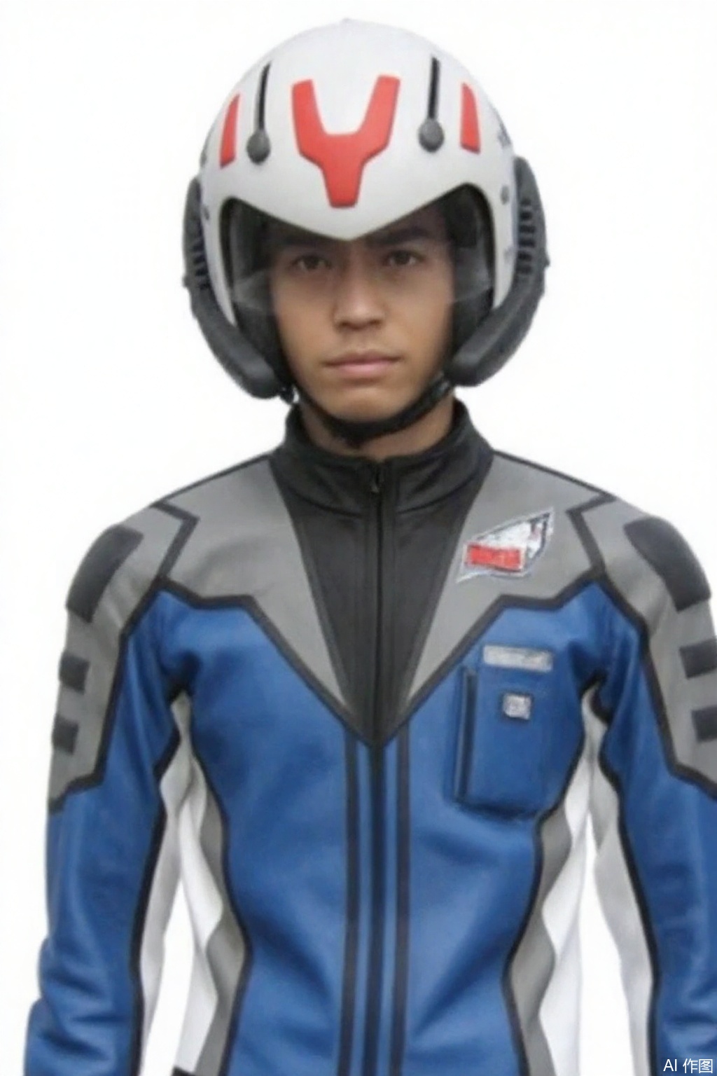 masterpiece, best quality,solo,(white background:1.2),simple background,
looking at viewer,GUYS,helmet,collar,belt,logo,uniform,jacket,emblem,blue jacket,grey pants,blue jacket with black collar,grey pants with white line,blue jacket with grey and white line