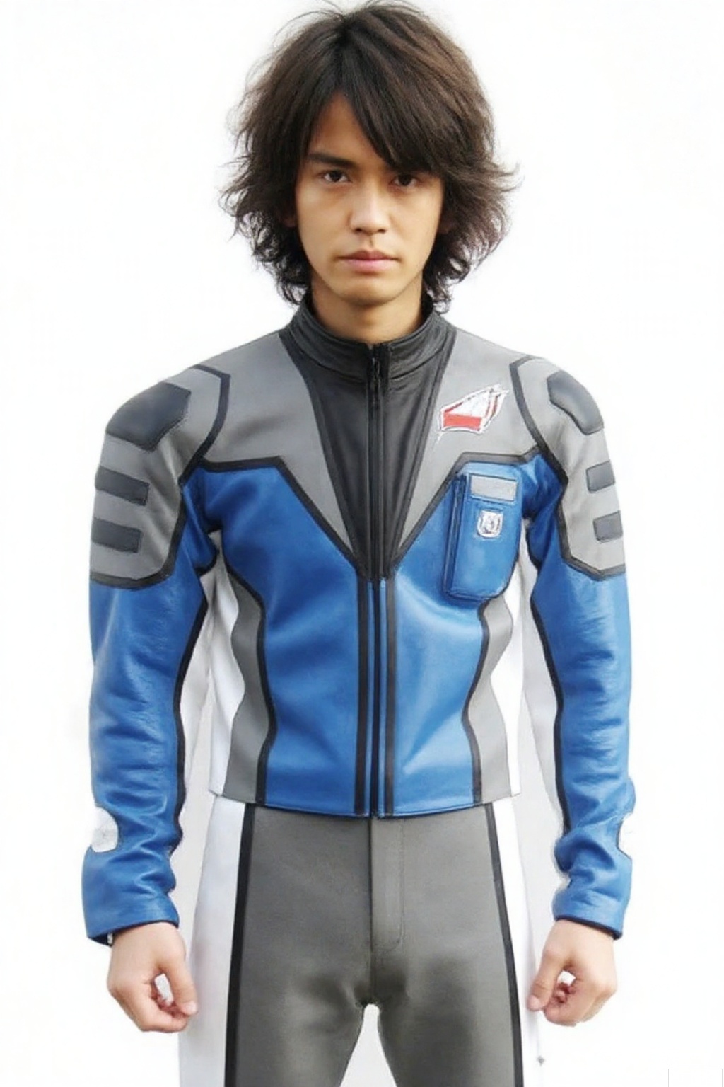 masterpiece, best quality,solo,(white background:1.2),simple background,
looking at viewer,GUYS,helmet,collar,belt,logo,uniform,jacket,pants,gloves,boots,emblem,blue jacket,grey pants,blue jacket with grey and white line,blue jacket with black collar,grey pants with white line
