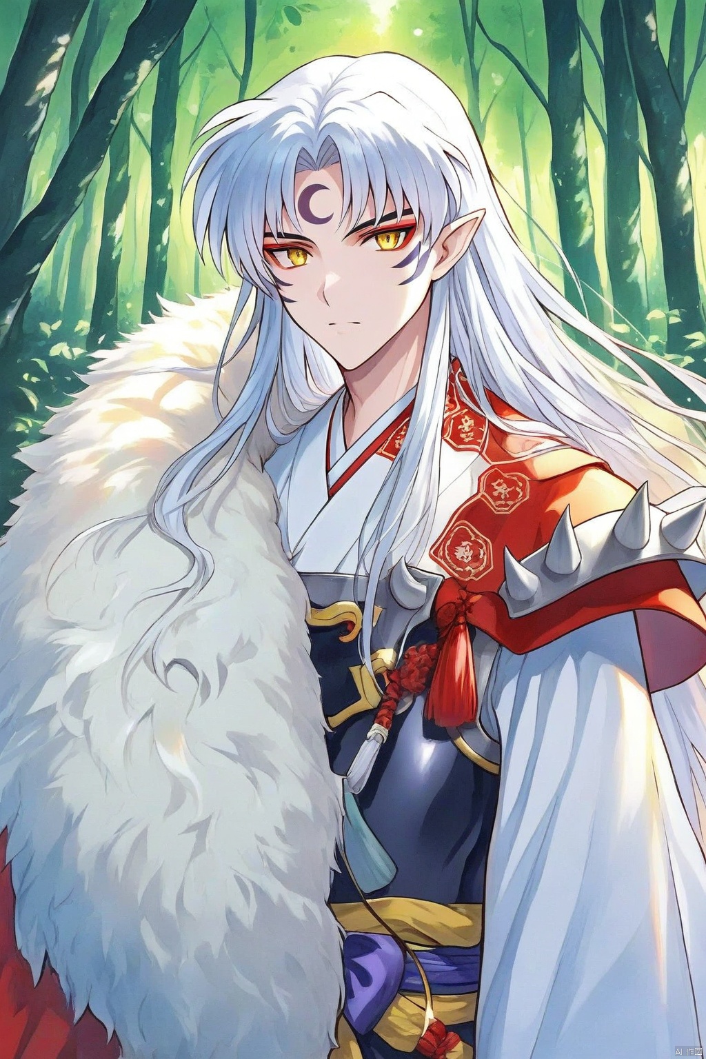 sesshomaru,long hair,yellow eyes,white hair,male focus pointy ears,facial mark,crescent,forehead mark,japanese clothes,armor,fur,forest,tiger