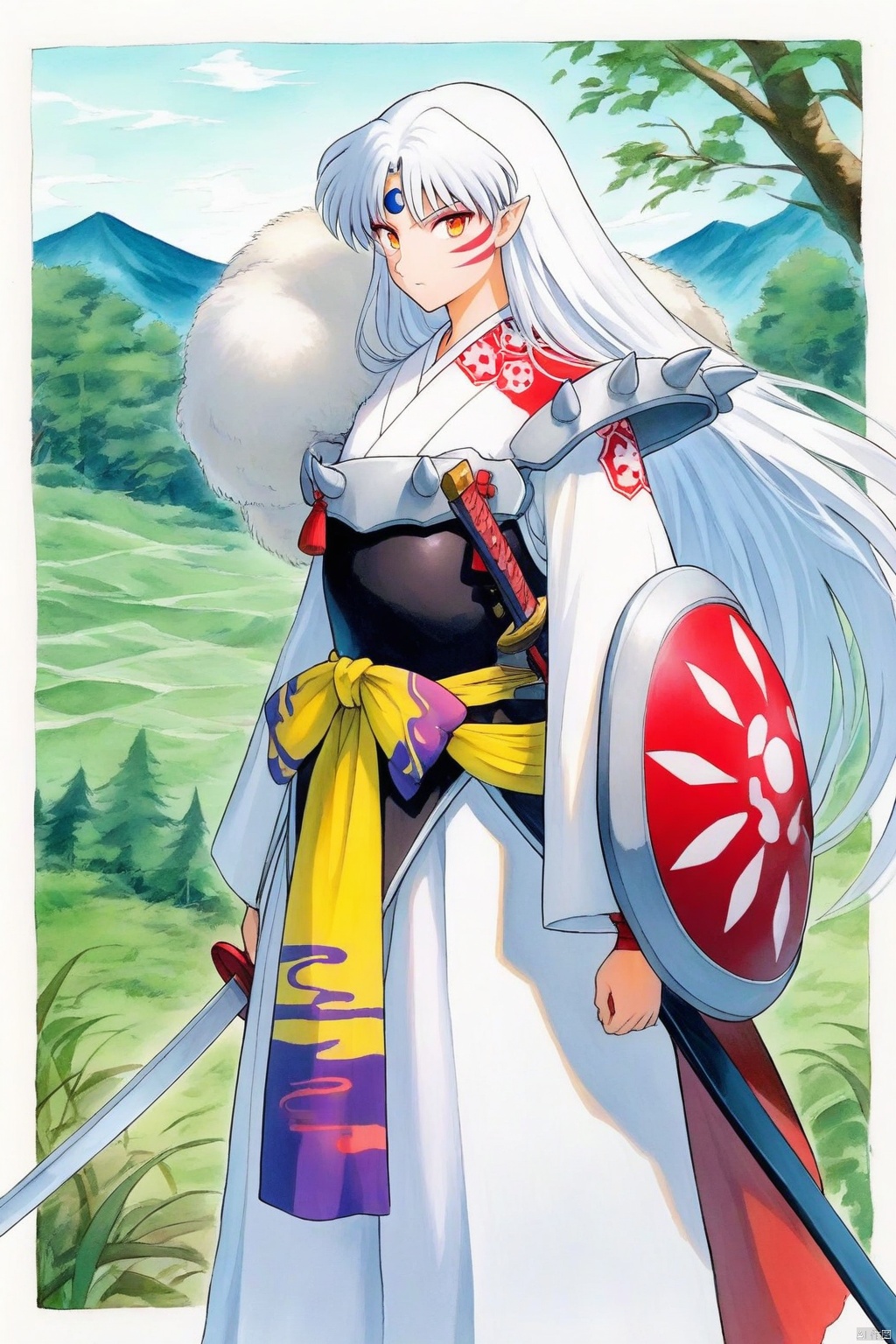 The image is an illustration of a female warrior with long white hair and red eyes. She is wearing a traditional Japanese outfit with a white kimono and a red scarf around her neck. She has a sword in her right hand and a shield in her left hand. The background is a green landscape with trees and mountains in the distance. The warrior is holding two swords in her hands and appears to be ready for battle. The overall style of the illustration is reminiscent of traditional Japanese art.