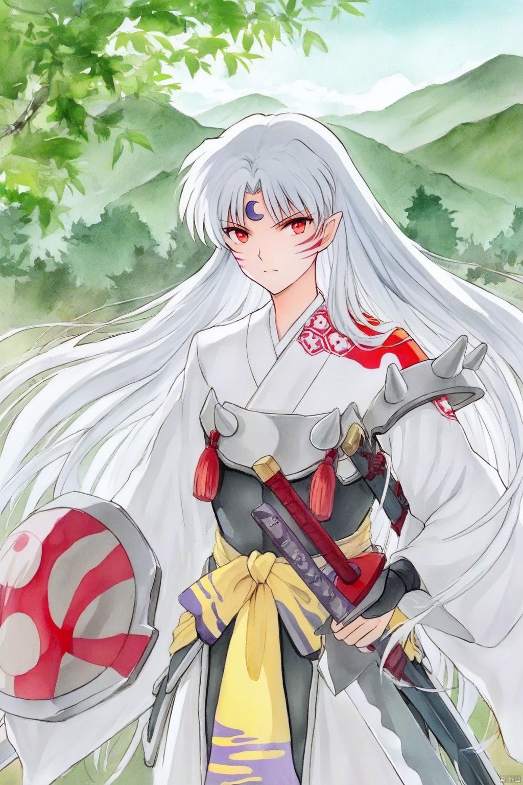 The image is an illustration of a female warrior with long white hair and red eyes. She is wearing a traditional Japanese outfit with a white kimono and a red scarf around her neck. She has a sword in her right hand and a shield in her left hand. The background is a green landscape with trees and mountains in the distance. The warrior is holding two swords in her hands and appears to be ready for battle. The overall style of the illustration is reminiscent of traditional Japanese art.