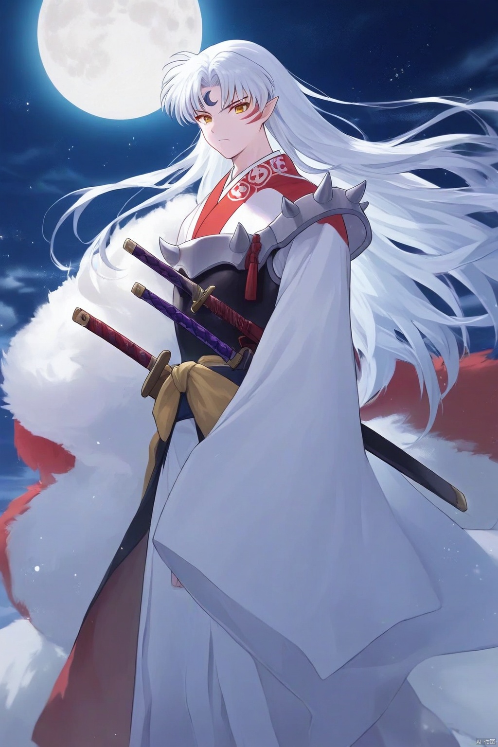 The image is an illustration of a young man with long white hair and a red and white kimono. He is holding a sword in his right hand and is standing in front of a full moon. The man has a serious expression on his face and is looking towards the right side of the image. The background is dark blue with stars twinkling in the night sky. The moon appears to be a bright white color and is partially visible behind the man.