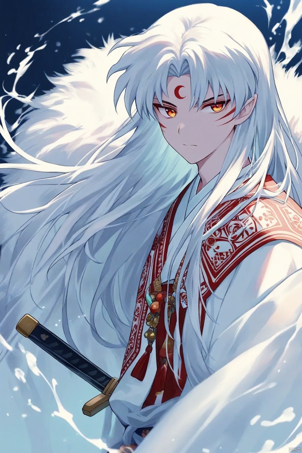 The image is an illustration of a young man with white hair and red eyes. He is wearing a white robe with intricate patterns and designs on it. The robe is draped over his shoulders and he is holding a sword in his right hand. The sword has a red and gold design on it and is resting on his left shoulder. The man has a fierce expression on his face and is looking off to the side. The background is a light blue color with splashes of white. The overall style of the illustration is anime-style.