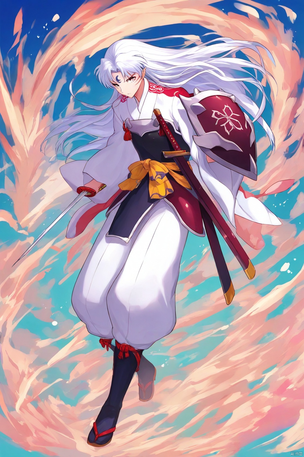 The image is an illustration of a young man with long white hair and blue eyes. He is wearing a traditional Japanese outfit with a white kimono and a red and gold scarf tied around his waist. He has a sword in his right hand and a shield in his left hand. The background is filled with colorful splashes of blue, pink, and purple, creating a vibrant and dynamic atmosphere. The man appears to be in a battle-ready stance, ready for battle. The overall mood of the image is intense and powerful.
