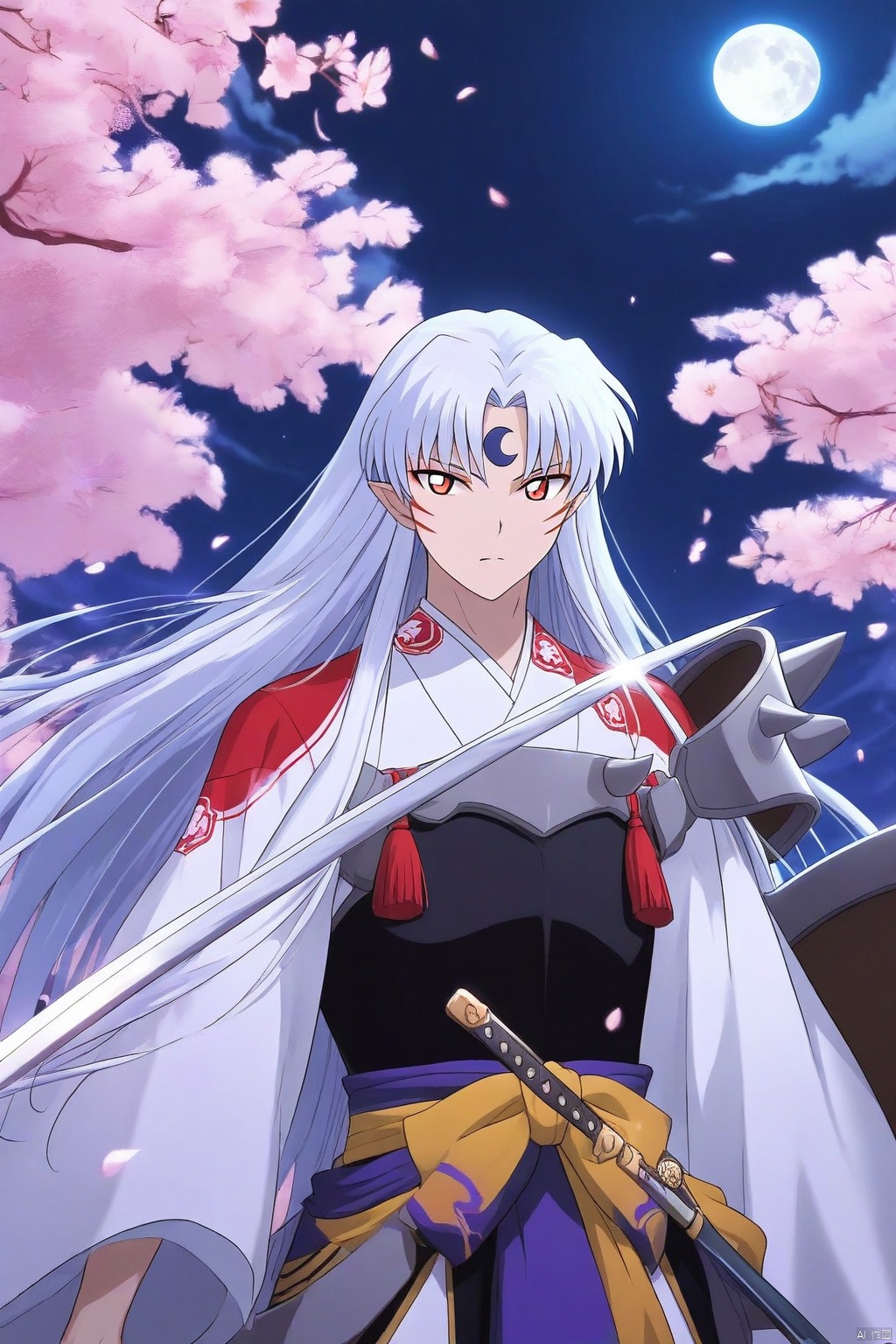 The image is an illustration of a young man with long white hair and red eyes. He is wearing a traditional Japanese outfit with a red and white kimono and a gold belt. He has a sword in his right hand and a shield in his left hand. The background is a night sky with a full moon and cherry blossom trees. The overall mood of the image is peaceful and serene.