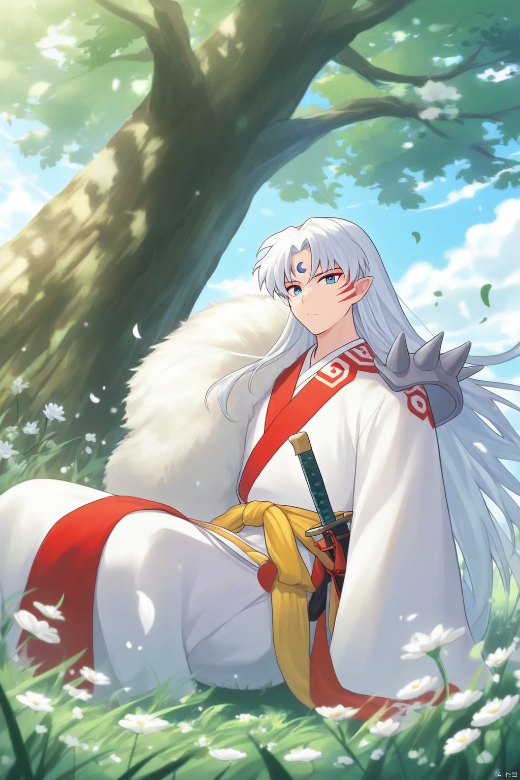 The image is an illustration of a young man with long white hair and blue eyes sitting under a tree. He is wearing a white robe with red and yellow accents and is holding a sword in his right hand. He has a serious expression on his face and is looking off into the distance. The background is a blue sky with white clouds and a tree with green leaves. The ground is covered in green grass and there are small white flowers scattered around. The overall mood of the image is peaceful and serene.
