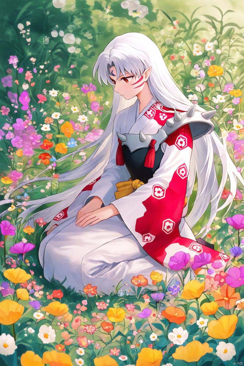 The image is an illustration of a young girl with long white hair and red eyes sitting in a field of colorful flowers. She is wearing a traditional Japanese kimono with a red and white pattern and a yellow scarf tied around her neck. The girl is sitting on the ground with her legs crossed and her hands resting on her knees. She has a peaceful expression on her face and appears to be deep in thought. The background is filled with a variety of flowers and plants in different colors, including pink, purple, yellow, and blue. The overall mood of the image is serene and peaceful.