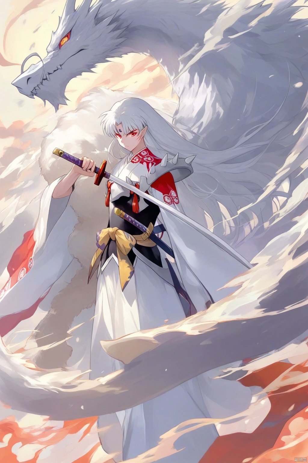 The image is an illustration of a young man with long white hair and red eyes. He is wearing a traditional Japanese outfit with a white robe and a red scarf around his neck. He has a sword in his right hand and is holding it in his left hand. The man is standing in front of a white dragon-like creature with yellow eyes. The background is filled with swirling clouds and red flames. The overall mood of the image is fierce and powerful.