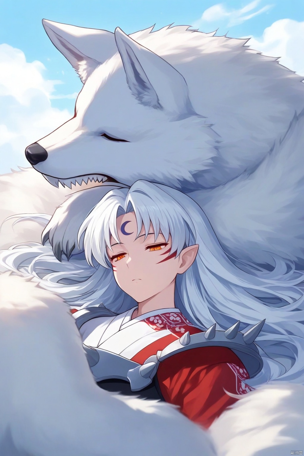 The image is an illustration of a young woman with long white hair and orange eyes, wearing a red and white outfit with a red cape. She is lying on her back with her arms stretched out to the sides and her head tilted back, as if she is sleeping. Behind her, there is a large white wolf with red eyes and sharp teeth. The wolf appears to be sleeping peacefully. The background is a blue sky with white clouds. The overall mood of the image is peaceful and serene.