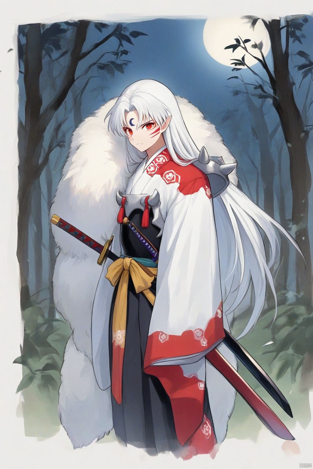 The image is an illustration of a young man with white hair and red eyes. He is wearing a traditional Japanese outfit with a white fur coat and a red and white kimono. He has a sword in his right hand and is standing in front of a full moon with trees in the background. The man appears to be in a battle-ready stance, ready for battle. The overall mood of the image is intense and dramatic.