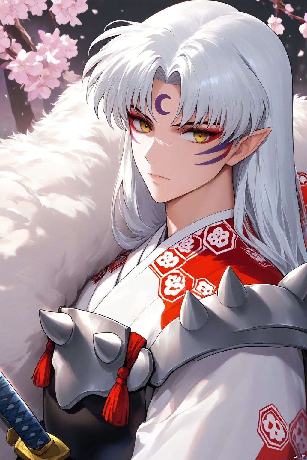 masterpiece,best quality, highly detailed, 1boy,armor,forehead mark,kimono,male focus,sesshoumaru,solo,crescent,fur,katana,closed mouth,looking at viewer,