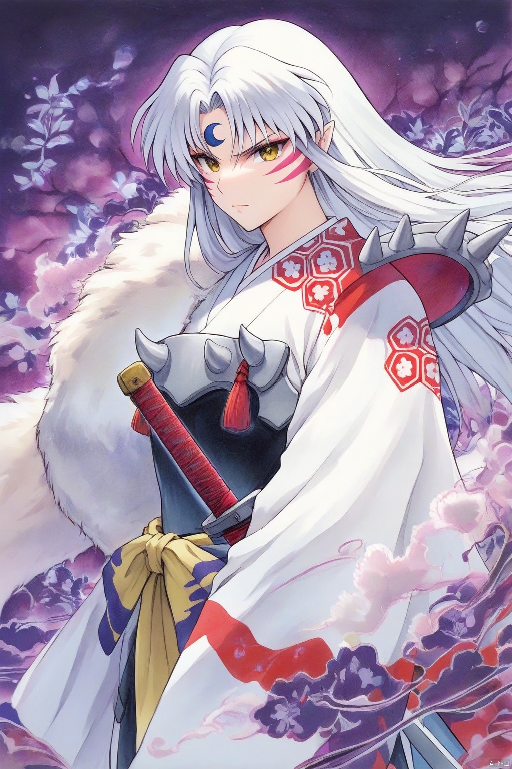 The image is a digital illustration of a young woman with long white hair and blue eyes. She is wearing a traditional Japanese outfit with a white kimono and a large white fur stole draped over her shoulders. The woman is holding a sword in her right hand and has a serious expression on her face. The background is a deep purple color with a floral pattern. The overall style of the illustration is elegant and regal.