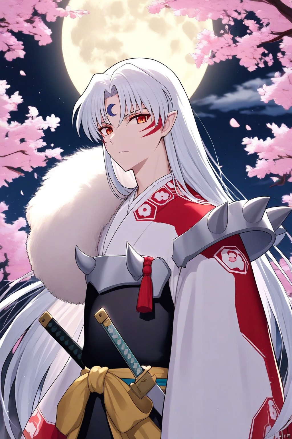 The image is an illustration of a young man with long white hair and red eyes. He is wearing a traditional Japanese outfit with a red and white kimono and a gold belt. He has a sword in his right hand and a shield in his left hand. The background is a night sky with a full moon and cherry blossom trees. The overall mood of the image is peaceful and serene.