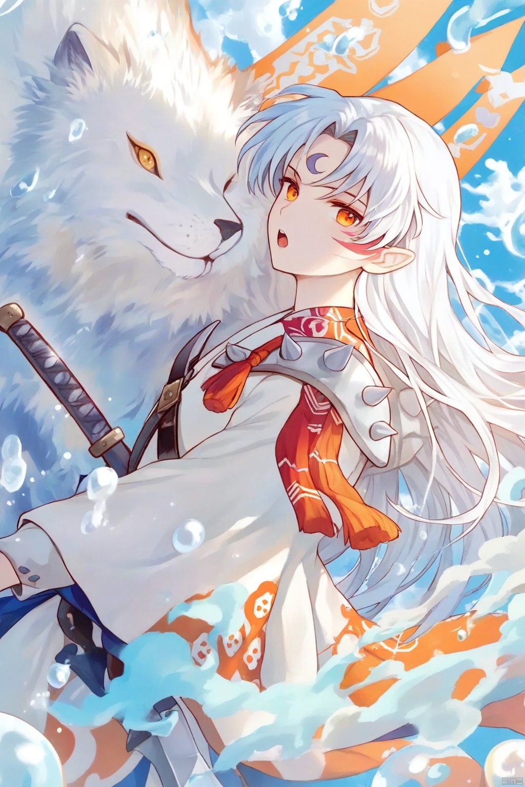 The image is an illustration of a young girl with long white hair and orange eyes. She is wearing a white and orange outfit with a red cape and is holding a sword in her right hand. The background is a blue sky with white clouds and there are several bubbles floating around her. The girl appears to be in a playful mood, with her eyes wide open and her mouth slightly open as if she is about to say something. The overall color scheme of the image is bright and vibrant, with shades of blue, orange, and yellow.