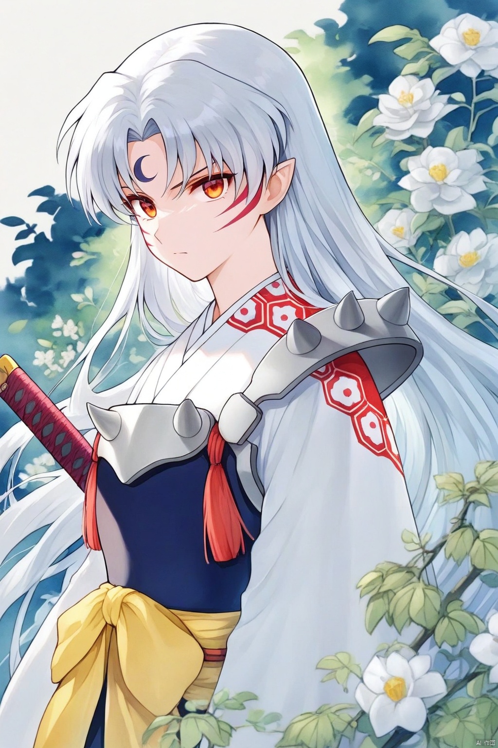 The image is an illustration of a young woman with long white hair and red eyes. She is wearing a traditional Japanese kimono with a blue and yellow color scheme. The woman is standing in front of a background of white flowers and leaves, with a hint of blue sky. She has a sword in her right hand and a shield in her left hand. Her hair is styled in a half-up, half-down look and she has a serious expression on her face. The overall mood of the image is peaceful and serene.