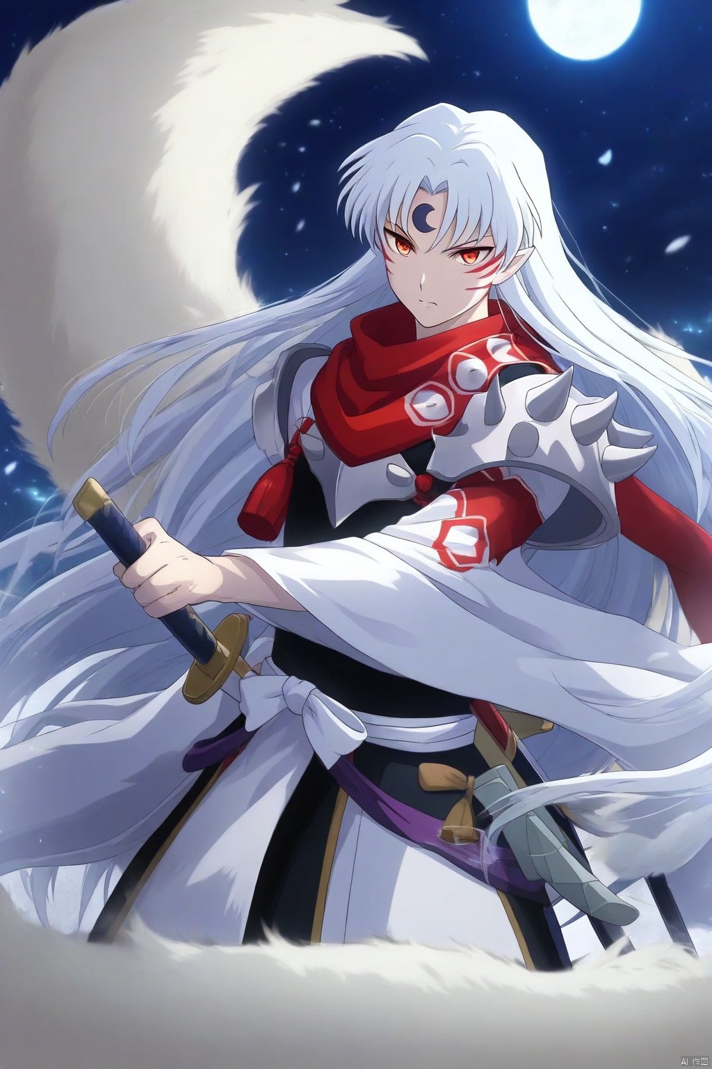 The image is an illustration of a young man with long white hair and red eyes. He is wearing a black and white outfit with a red scarf around his neck. He has a sword in his right hand and a shield in his left hand. The background is a dark blue night sky with stars and a full moon. The man appears to be in a battle-ready stance, with his arms outstretched and a determined expression on his face. The overall mood of the image is intense and dramatic.