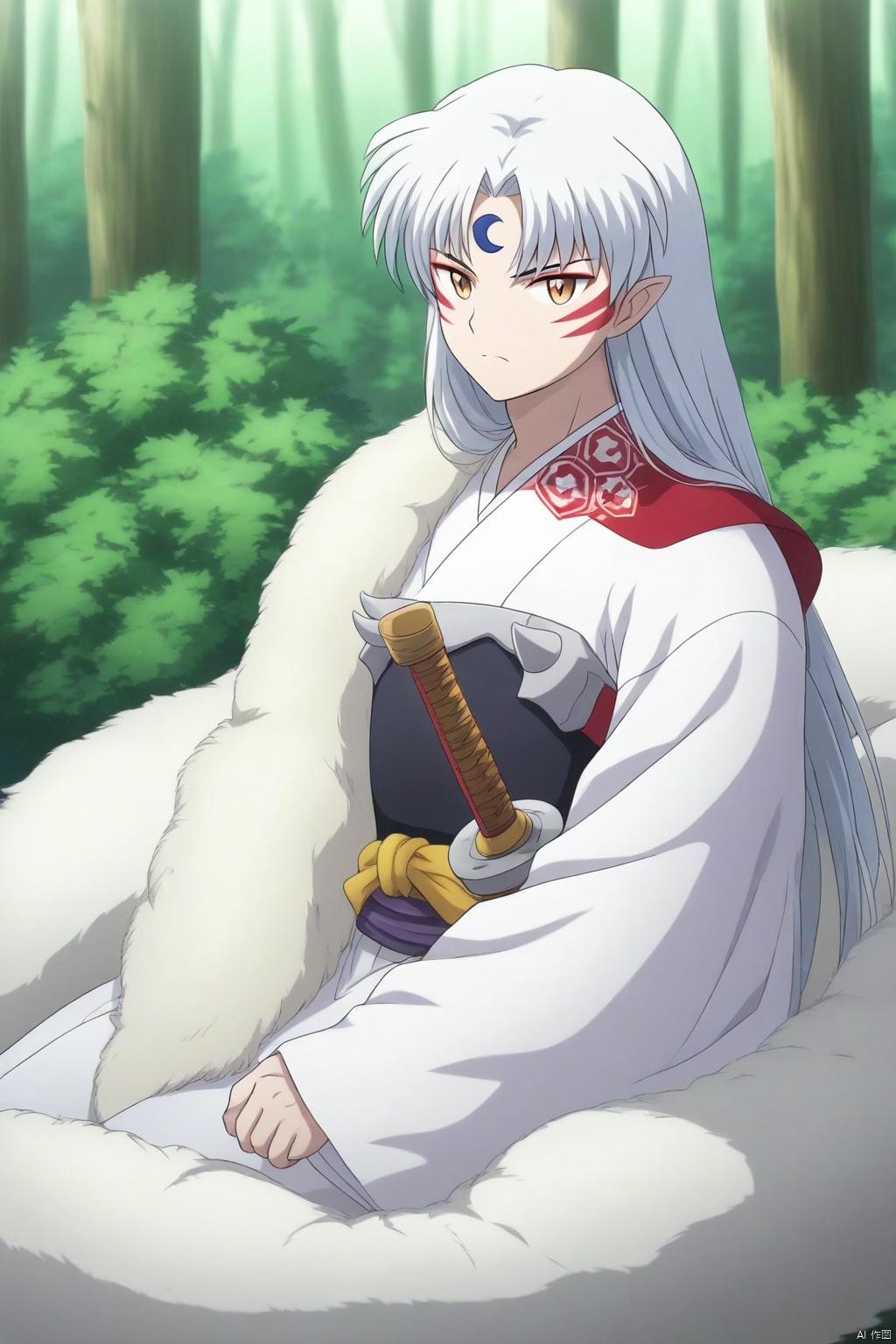 The image shows a young man with white hair and blue eyes sitting on a large white furry blanket in a forest. He is wearing a white kimono with a red and yellow scarf tied around his neck. He has a serious expression on his face and is holding a sword in his right hand. In front of him, there is a tall, cylindrical object that appears to be a weapon. The background is filled with trees and bushes, and the overall mood of the image is peaceful and serene.