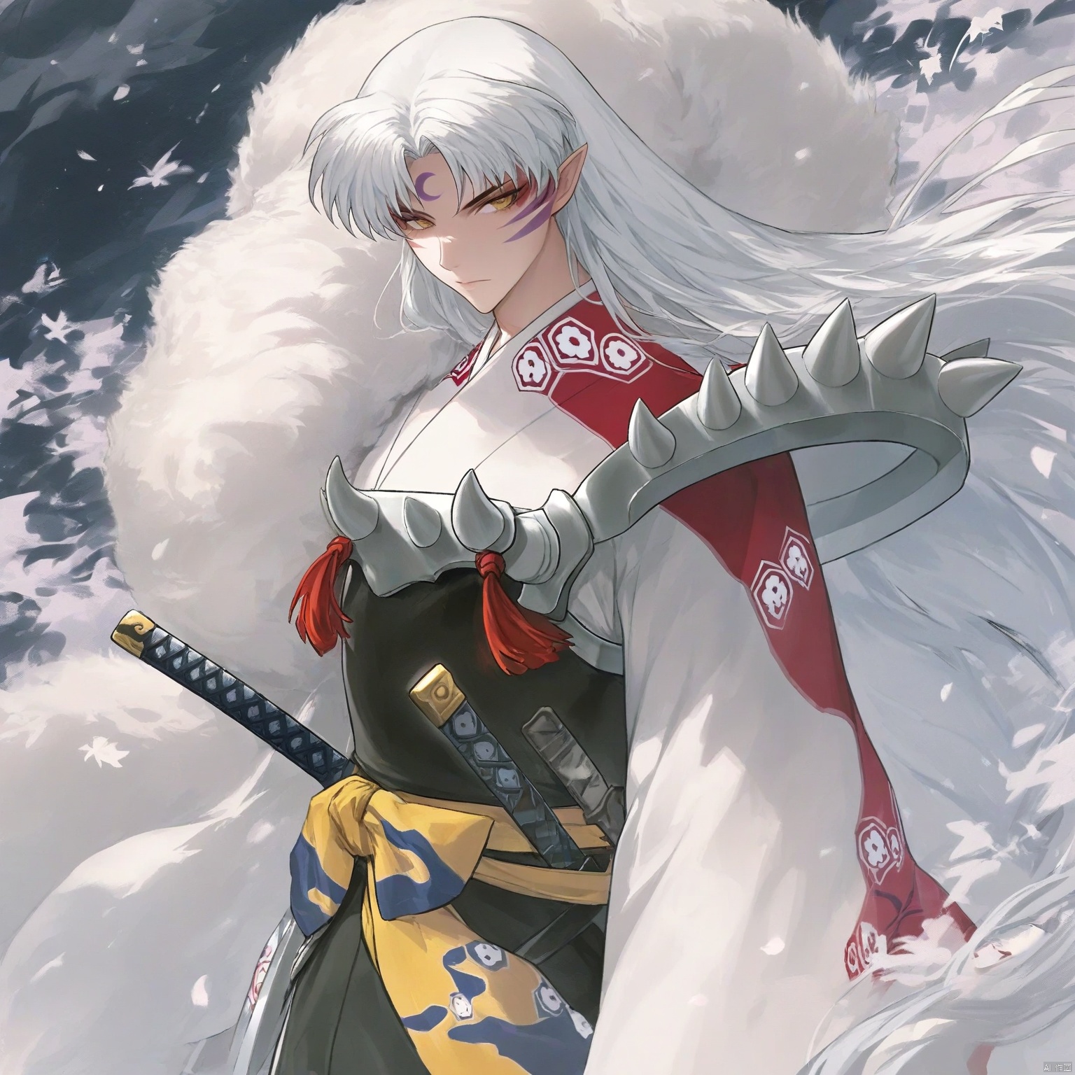 masterpiece,best quality, highly detailed, 1boy,armor,forehead mark,kimono,male focus,sesshoumaru,solo,crescent,fur,katana,closed mouth,looking at viewer,<lora:sesshoumaru:1>