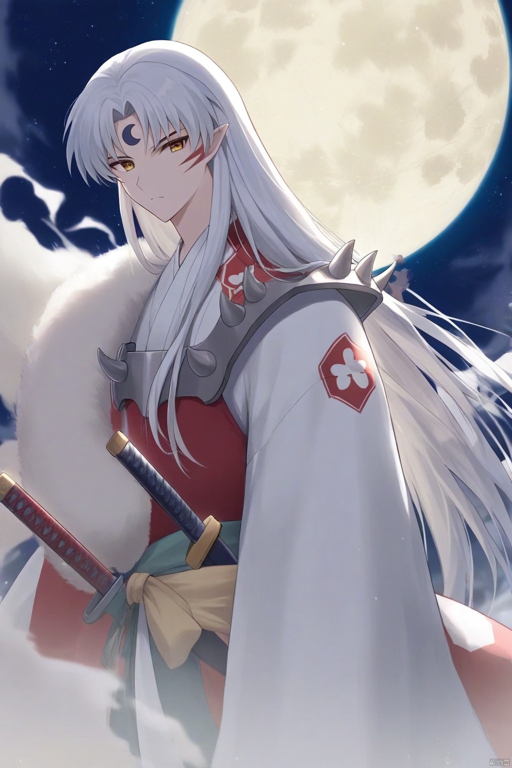 The image is an illustration of a young man with long white hair and a red and white kimono. He is holding a sword in his right hand and is standing in front of a full moon. The man has a serious expression on his face and is looking towards the right side of the image. The background is dark blue with stars twinkling in the night sky. The moon appears to be a bright white color and is partially visible behind the man.