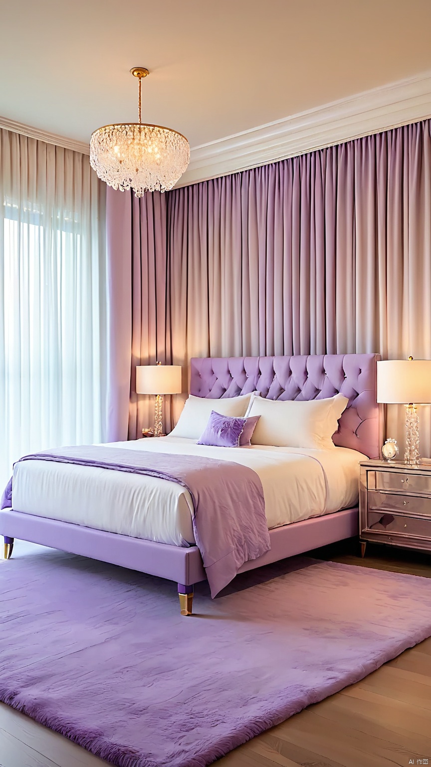 SNSJ, featuring a king-sized bed, tufted headboard, plush bedding, crystal sconces, a floor-to-ceiling window with sheer curtains, soft moonlight, calming lavender walls, luxurious fabrics, serene bedroom, peaceful nights, luxury boutique, tranquil retreat.