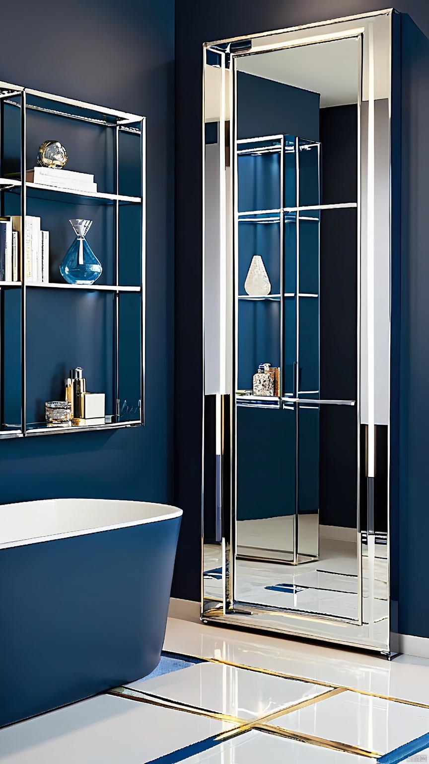SNSJ, incorporating high-gloss cabinets, chrome hardware, geometric wall art, glass-enclosed bookshelves, a floor-length mirror with frame, abundant artificial light, deep navy walls, sleek angles, luxurious bathroom, morning routines, contemporary minimalism, crisp precision.