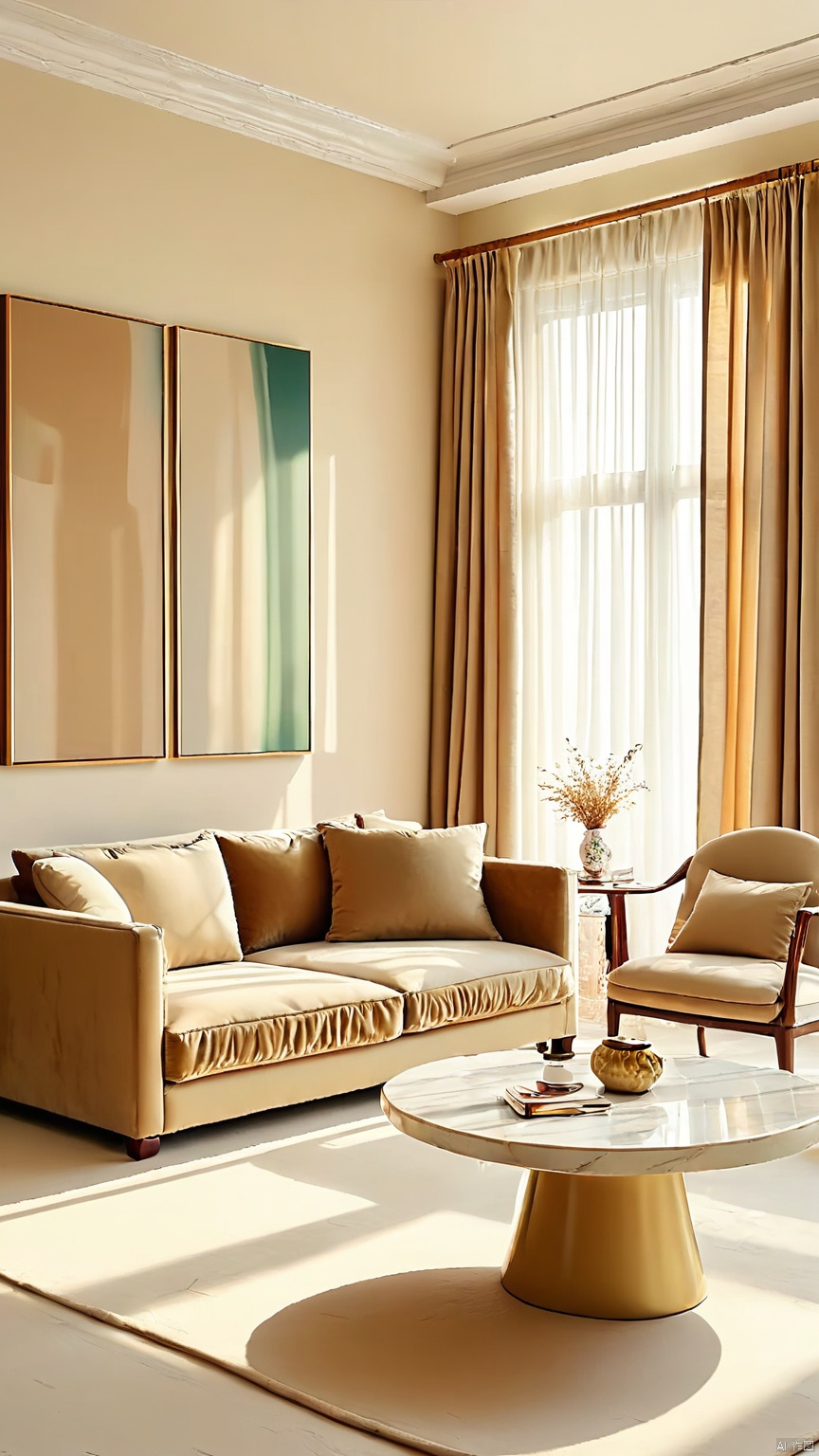 SNSJ, featuring velvet sofa sets, marble coffee tables, vintage ceramic vases, abstract canvas paintings, a floor-to-ceiling window with lace curtains, soft natural light, muted beige walls, elegant curves, cozy reading nook, afternoon tea, rustic chic, warm glow.
