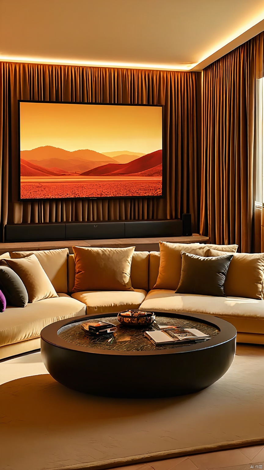SNSJ, showcasing a home theater, luxury seating, surround sound system, modern art installations, a large window with blackout curtains, ambient lighting, deep velvet walls, sleek contours, sophisticated entertainment space, movie nights, luxury modern, immersive experience.