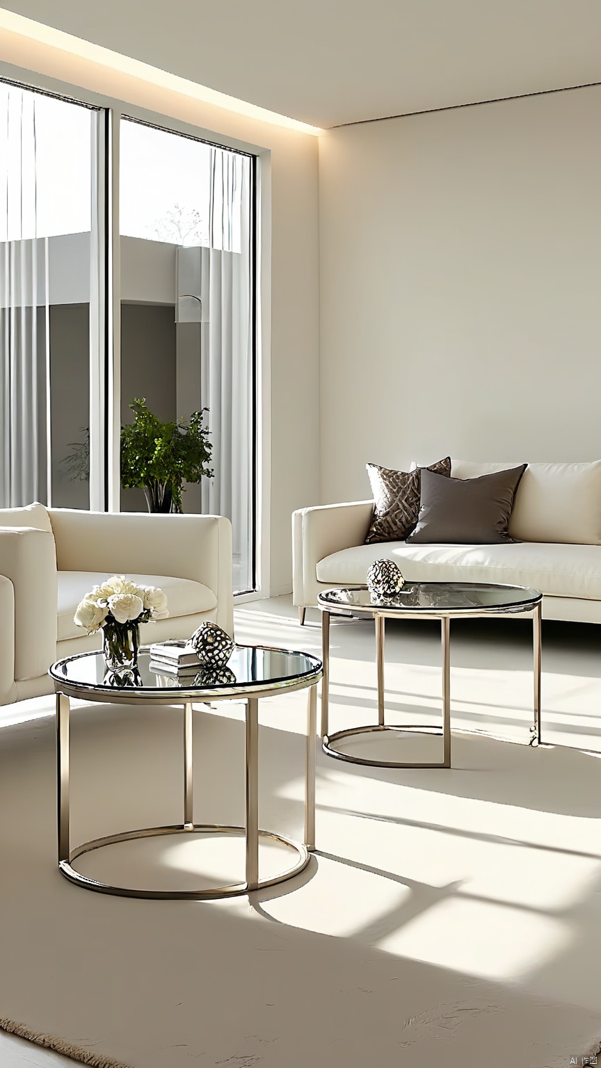 SNSJ, showcasing glass-topped side tables, brushed nickel lighting, monochrome photography, sleek mirrored walls, a skylight with sheer shades, abundant natural light, crisp white walls, modern lines, chic living room, late-night gatherings, contemporary glam, sharp reflections.