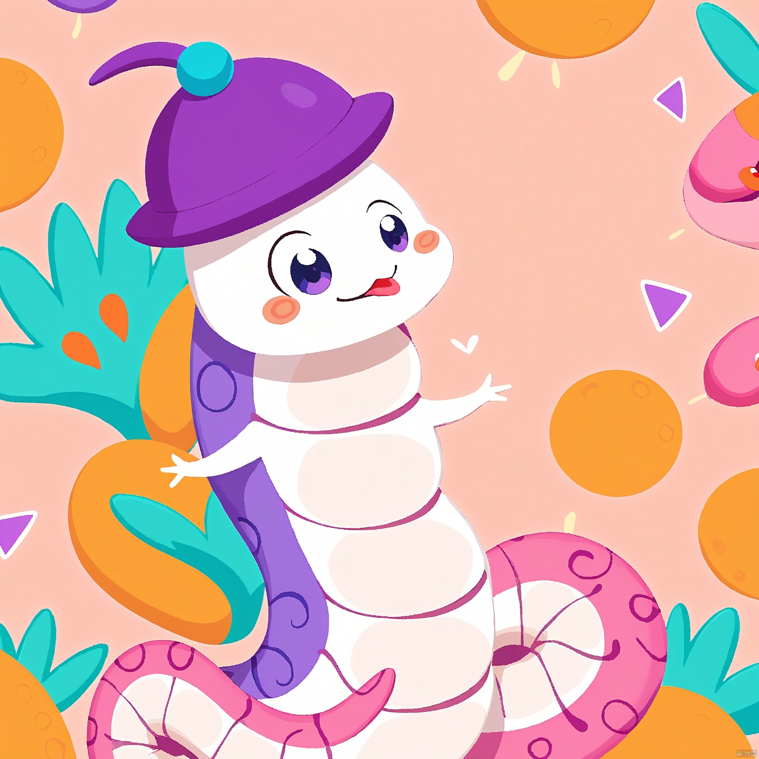 QWS, an mischievous snake with a knack for fun, it sports a purple hat, two tiny google-like eyes, and a pink tongue sticking out playfully. The snake's body is composed of zigzagging, spring-like segments in hues of orange, teal, magenta, and cyan, dancing whimsically across the scene. The background is a pristine white, enhancing its playful antics.