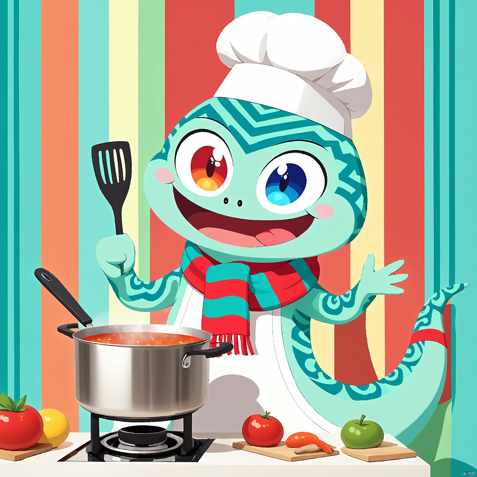 QWS, the mischievous serpent, wrapped in a tiny, striped scarf and a chef's hat, waves a single, glittery eye and a long, blue tongue tasting the air. Its body is divided into chevron-patterned, iridescent segments in shades of red, green, and teal, wriggling and writhing like a chef stirring a pot. The backdrop remains simple, pristine white.