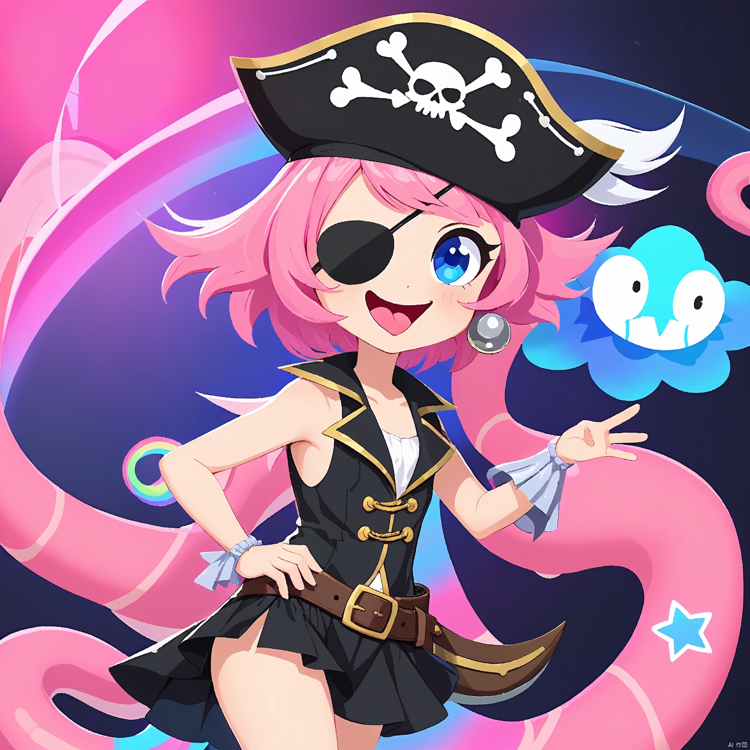 QWS, the mischievous serpent, donning a tiny, pirate hat and eye patch, boasts one shining eye and a long, pink tongue sticking out in challenge. Its body is segmented into star-shaped, holographic segments in shades of black, blue, and silver, spinning and twirling with pirate-like swagger. The backdrop is a pristine, clean white.