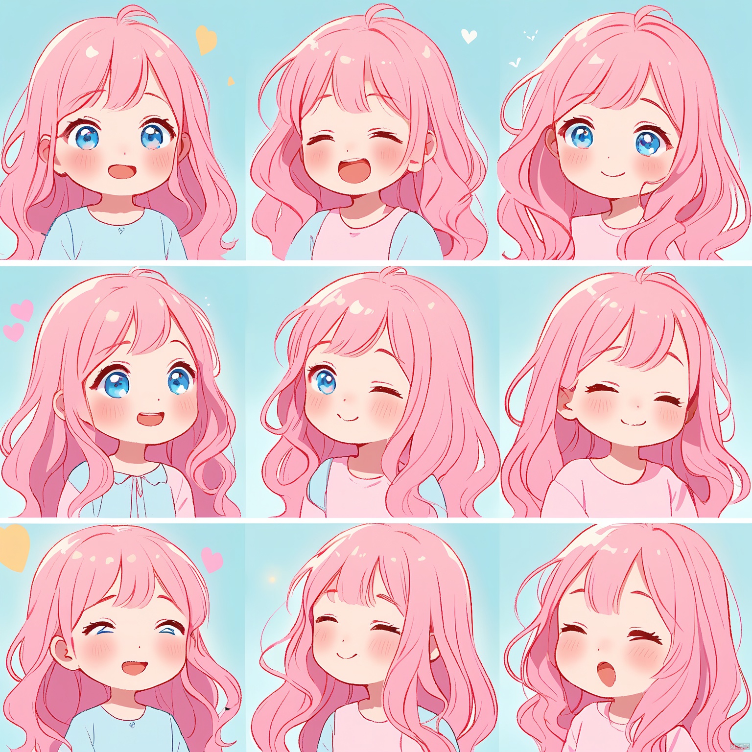 BQB,Character expression, A beautiful digital illustration showcases a girl with long, flowing pink hair, captured in nine enchanting expressions: giggling, blinking in surprise, looking curious, and more. The backdrop is a soft, baby blue, creating a serene atmosphere. The character stands out in pastel hues, arranged in a balanced grid. The style is whimsical and romantic, highlighting her large, luminous eyes and soft, rounded cheeks. The lighting is gentle and even, casting soft glows. The background melts into a gentle depth of field.
