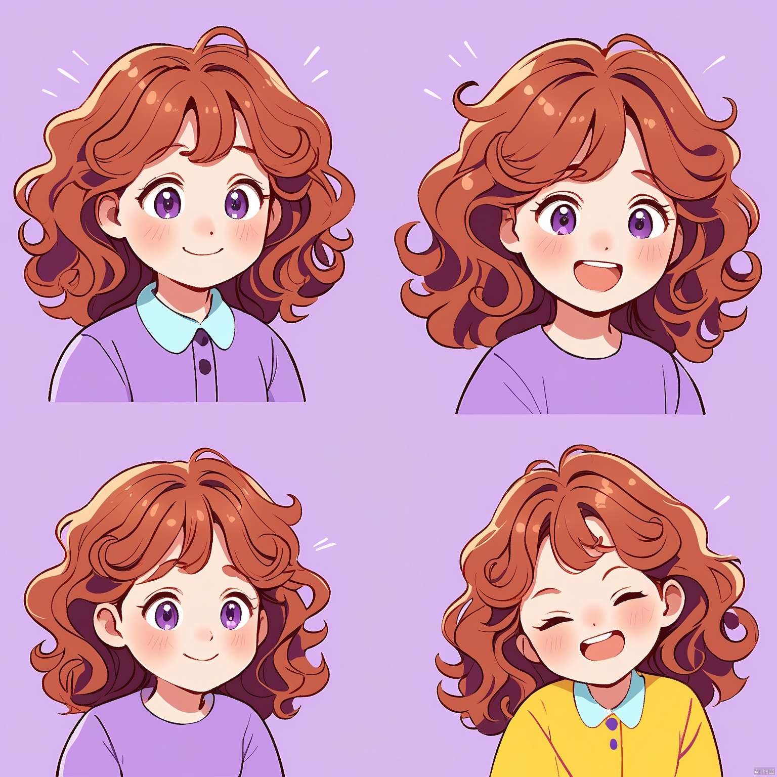 BQB,Character expression, A charming digital artwork features a girl with curly auburn hair, captured in nine expressive moments: smiling sweetly, frowning slightly, looking intrigued, among others. The background is a subtle lavender hue, contrasting with the girl's bright, primary color outfit. The expressions are arranged in a balanced grid pattern. The style is whimsical and nostalgic, emphasizing her wide, expressive eyes and dimpled smile. The lighting is even and dreamy, with gentle highlights. The depth of field softly blurs the surroundings.