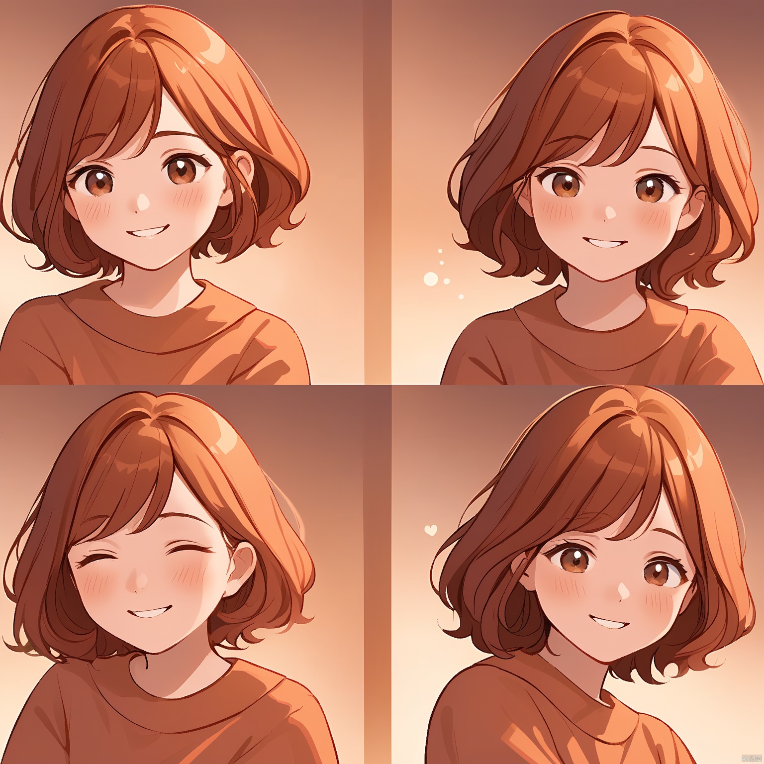 BQB,Character expression, A captivating digital illustration features a girl with wavy, chestnut hair, rendered in nine emotional moments: smiling warmly, looking thoughtful, gazing lovingly, and more. The background is a warm, terracotta color, complementing her earthy tones. The expressions are arranged in a harmonious grid. The style is intimate and heartfelt, focusing on her expressive eyes and soft, inviting smile. The lighting is soft and warm, casting gentle highlights. The background fades into a soft depth of field.