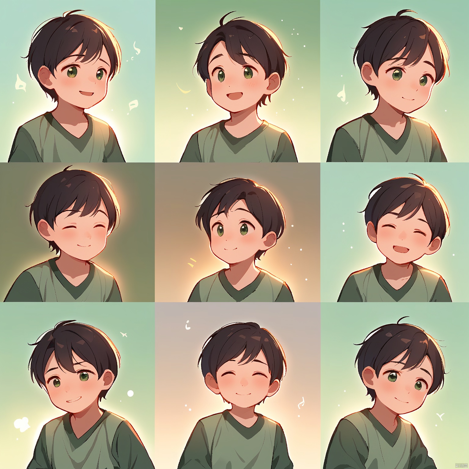 BQB,Character expression, A captivating digital illustration features a boy with short, dark hair, displayed in nine emotional moments: smiling shyly, looking thoughtful, gazing adoringly, and more. The background is a soft, sage green, creating a calming atmosphere. The expressions are arranged in a harmonious grid. The style is intimate and tender, focusing on his expressive eyes and soft, round cheeks. The lighting is soft and warm, casting gentle glows. The background fades into a soft depth of field.